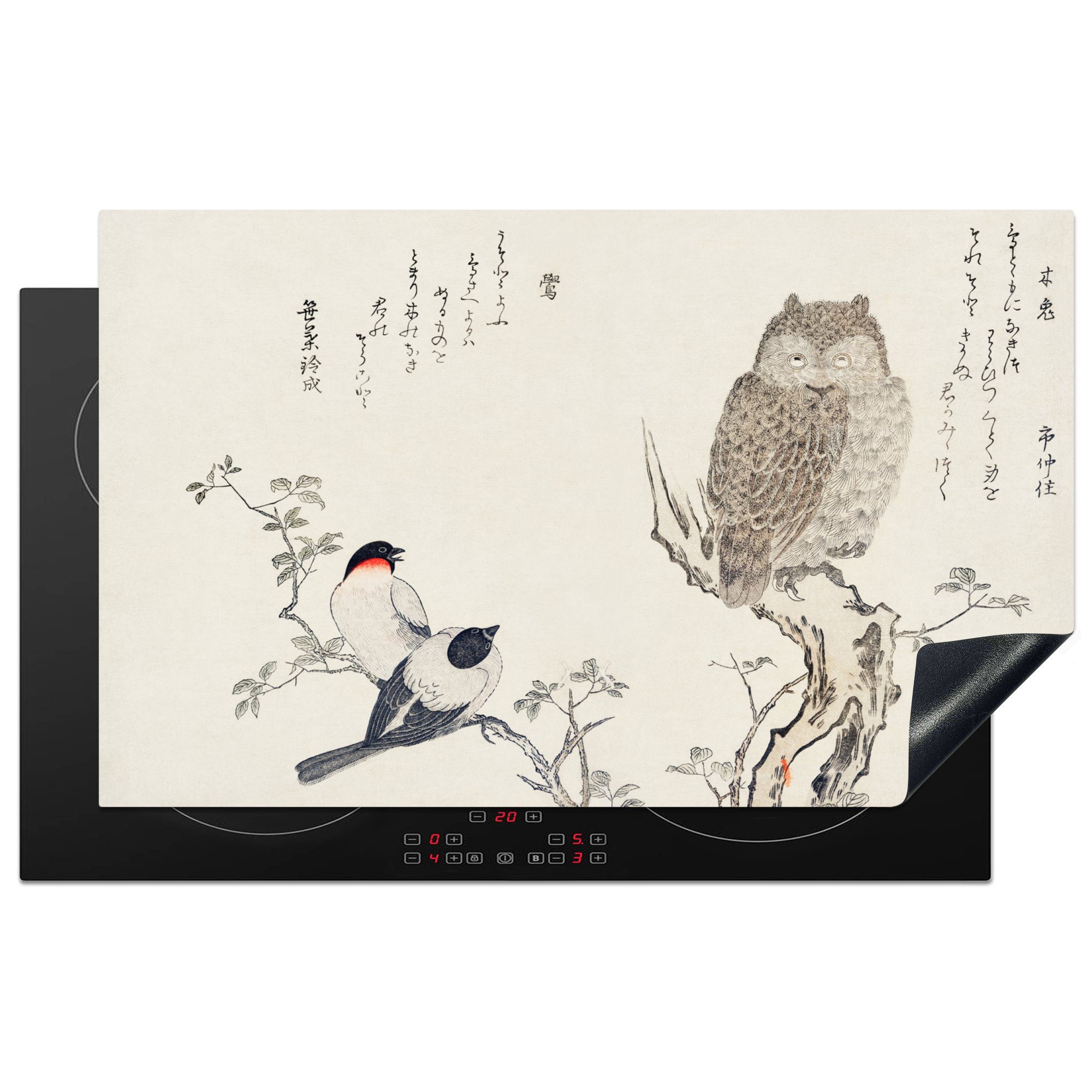 MuchoWow Herdblende-/Abdeckplatte Eule - Vogel - Japan, Vinyl, (1 tlg), 83x51 cm, Ceranfeldabdeckung, Arbeitsplatte für küche