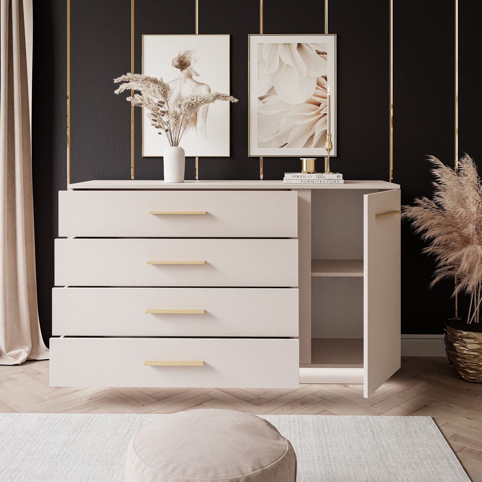 ALLHOUSE24 Kommode CALIA KASCHMIR matt mit LED Beleuchtung Sideboard mit 4 Schubladen (1x Kommode), Breite 138 cm