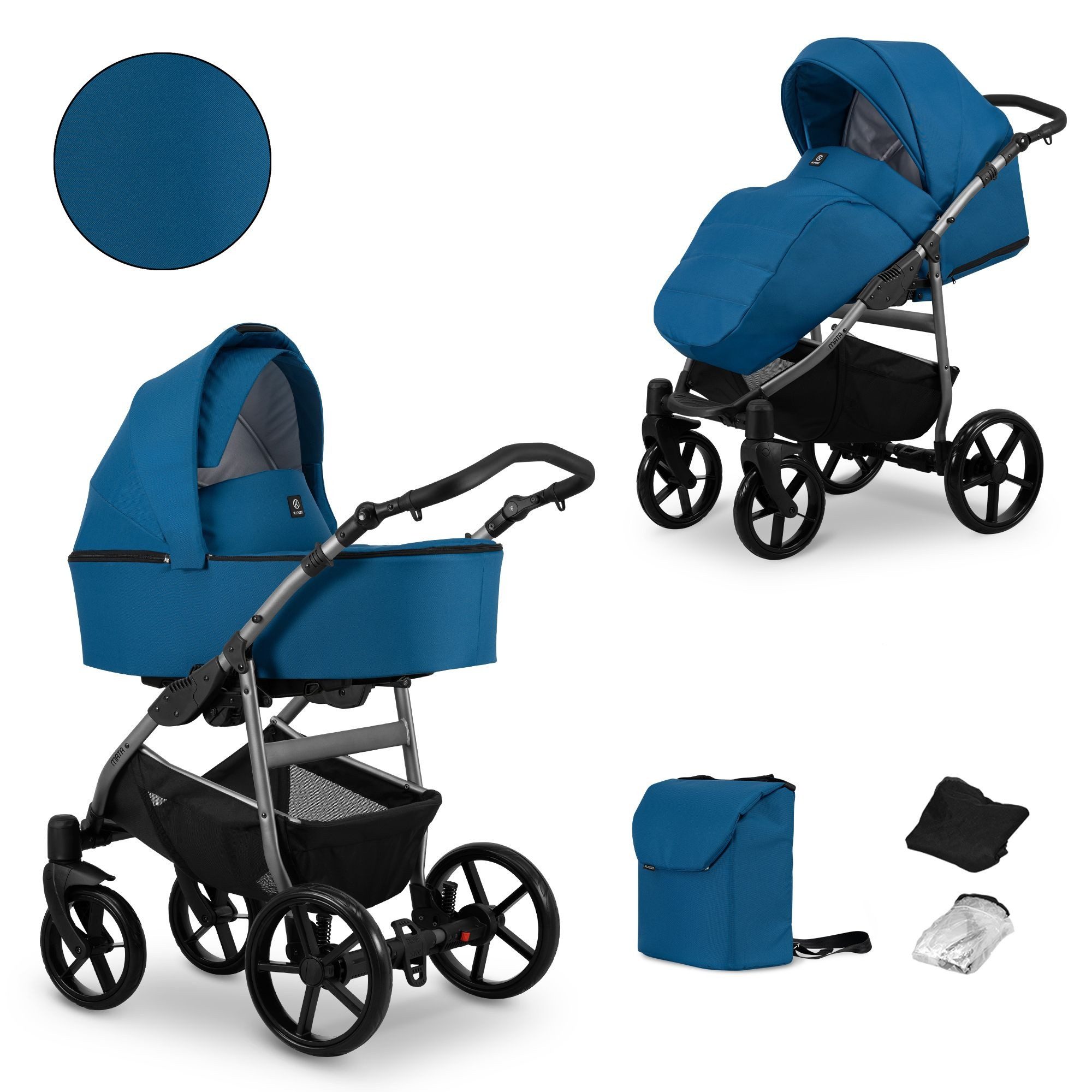 KUNERT Kombi-Kinderwagen 3 in1 MATA Babywagen mit Graphit-Rahmen und Zubehör, Aluminiumrahmen, verstellbarer Griff aus ökologischem Leder