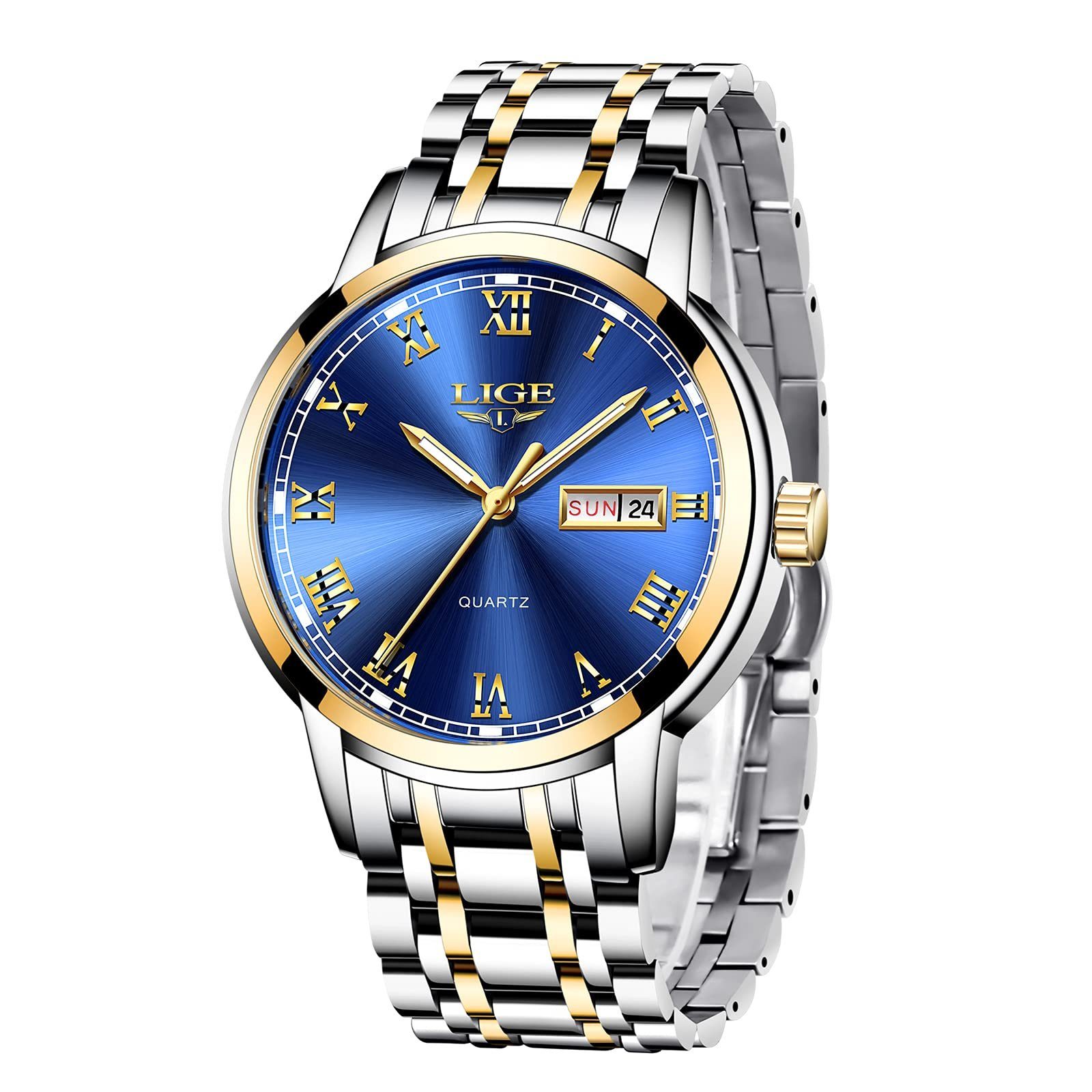 GelldG Uhr Mode Sportuhr Wasserdicht analog Quarz Uhren mit Business Uhrenarmband Gold, Blau