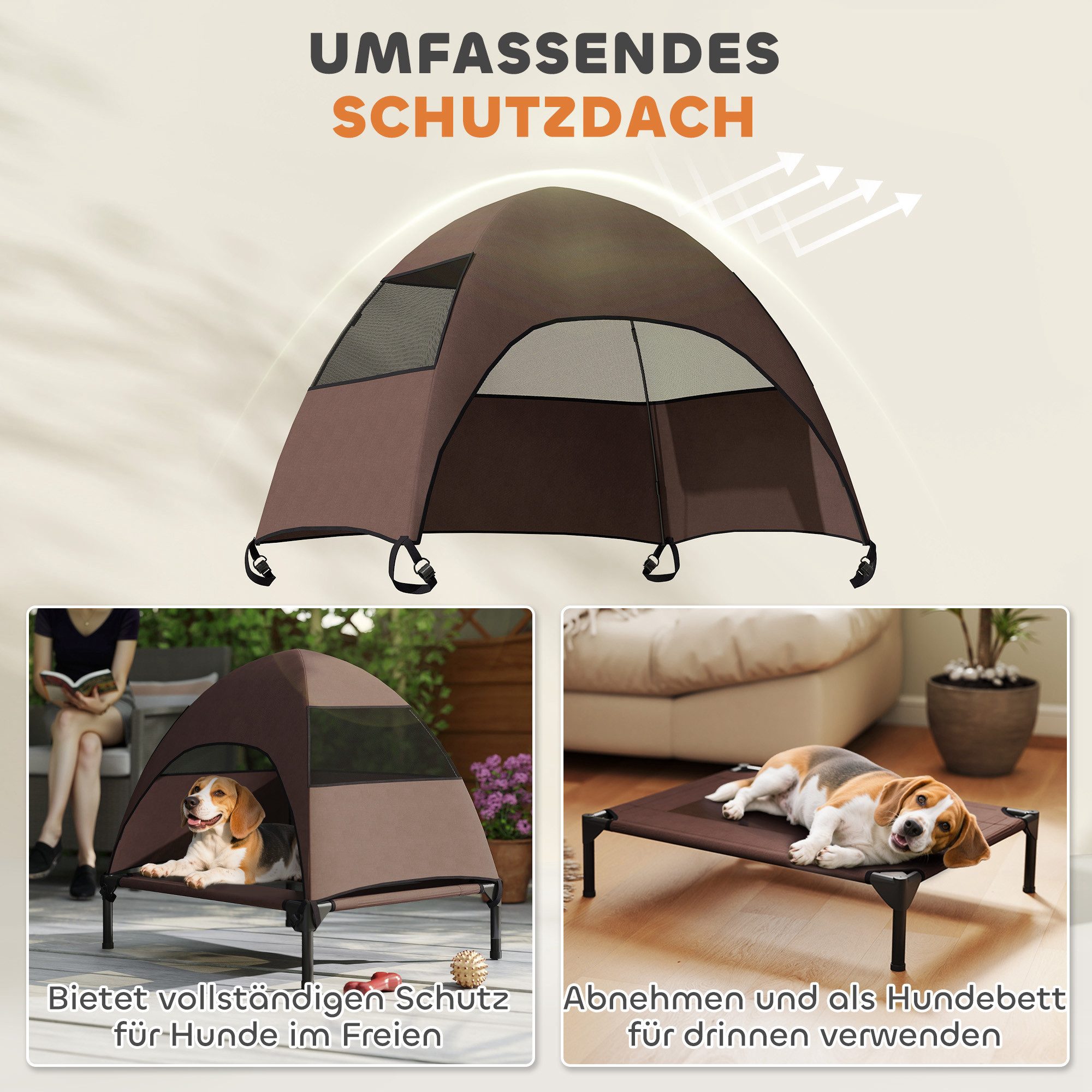 PawHut Tierbett Hundeliege Outdoor mit Dach, Erhöhtes Hundebett, Polyester, Für große Hunde, für Draußen Camping 91x76x90cm, Kaffee – Bild 4 von 5