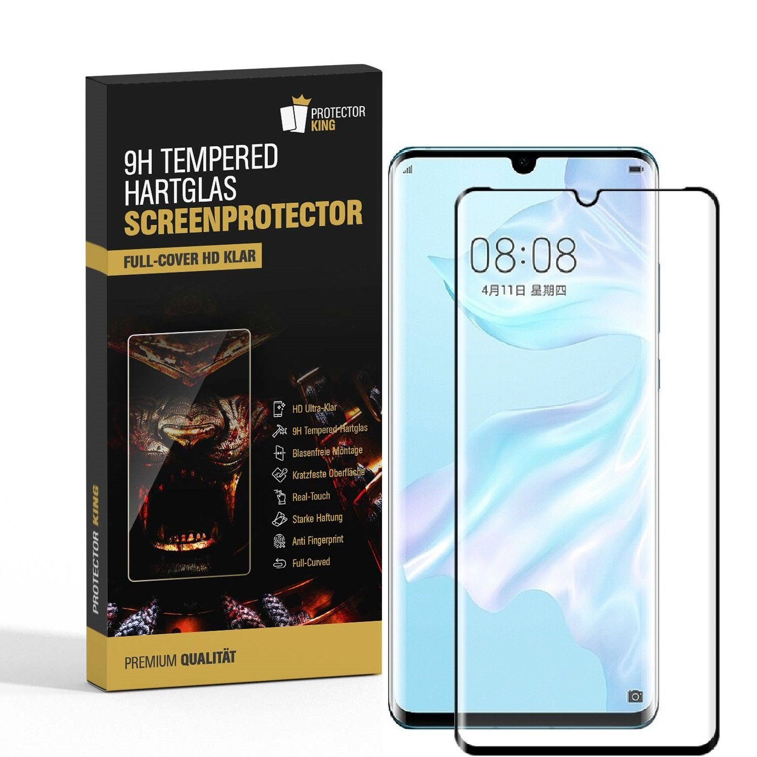Protectorking Schutzfolie 1x 9H Panzerglas für Huawei P30 Pro FULL CURVED Displayschutz Schutzgl, (1-Stück), Displayschutzglas, Schutzglas Echtglas Tempered 9H Härte HD-KLAR