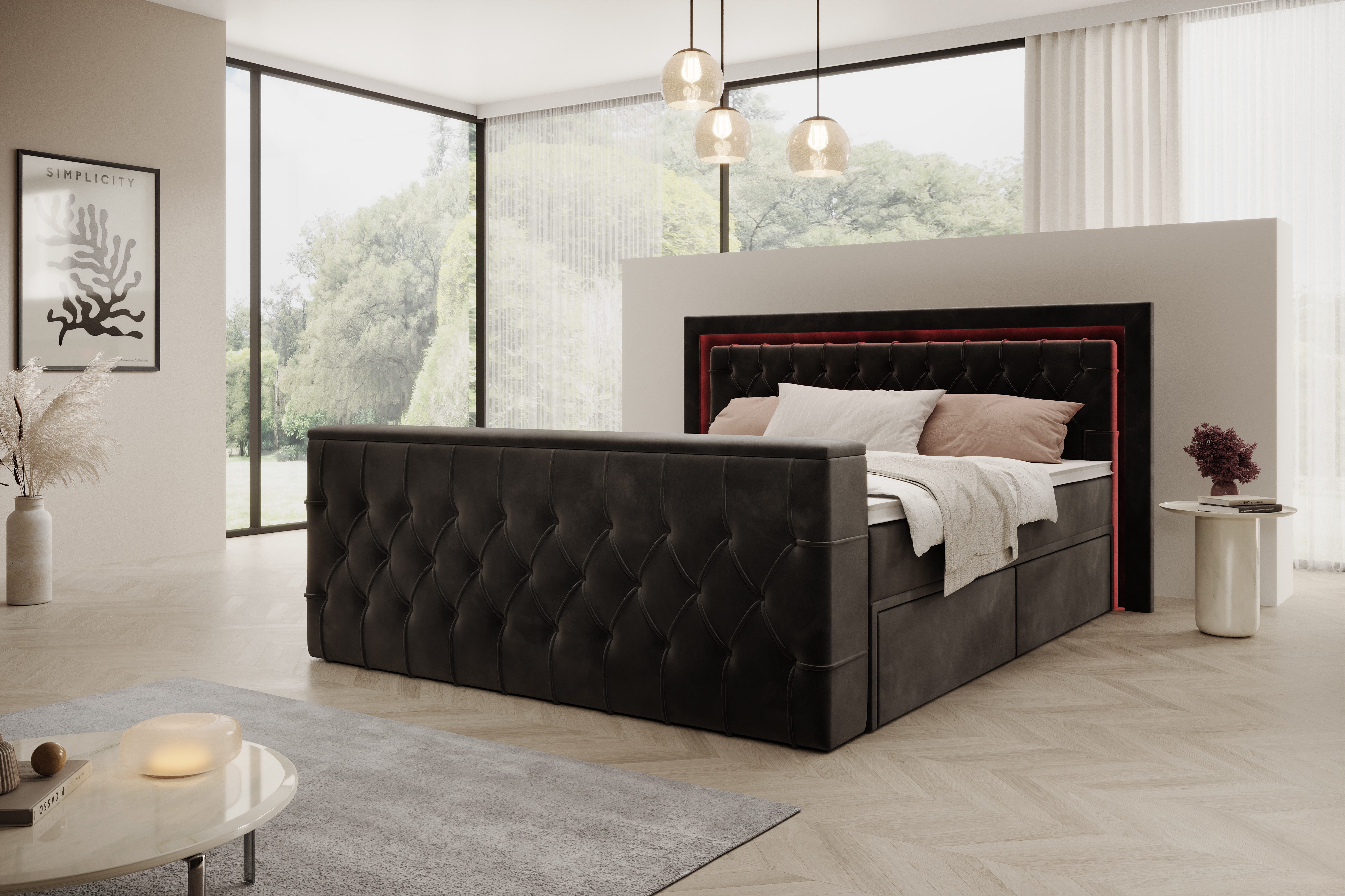 PROMETO Möbel Boxspringbett Doppelbett mit Matratze, Schubladen TV-Lift LED günstig online kaufen