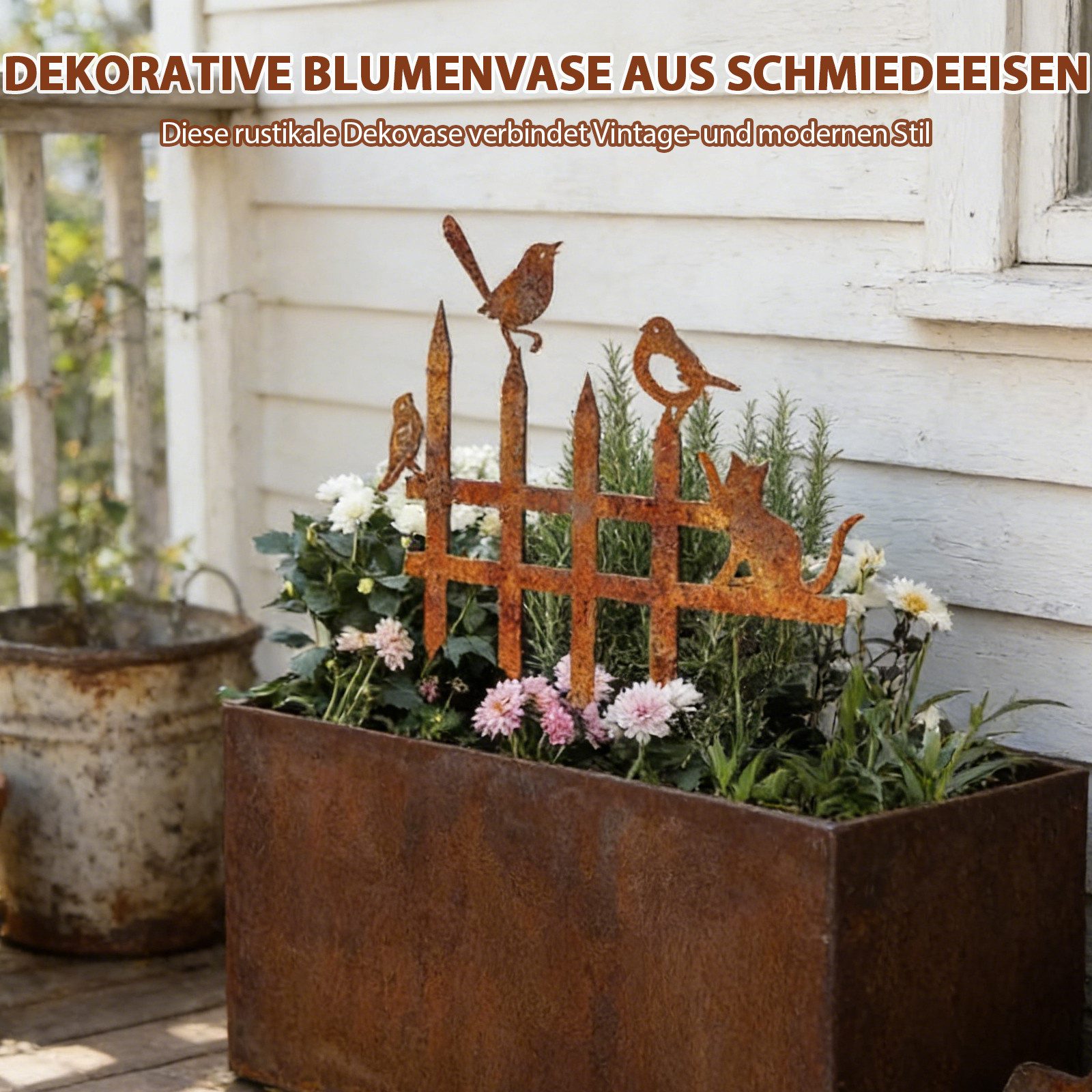 BlingBin Gartenstecker 38x38 cm Gartenzaun mit Vogel-Dekoration, Gartendeko Rost Edelrost (1er Set, 1-St., 1 Stück) Einsteck-Rasen-Lattenzaun für Landschaft Weg Blumenbeete Pflanzbereich