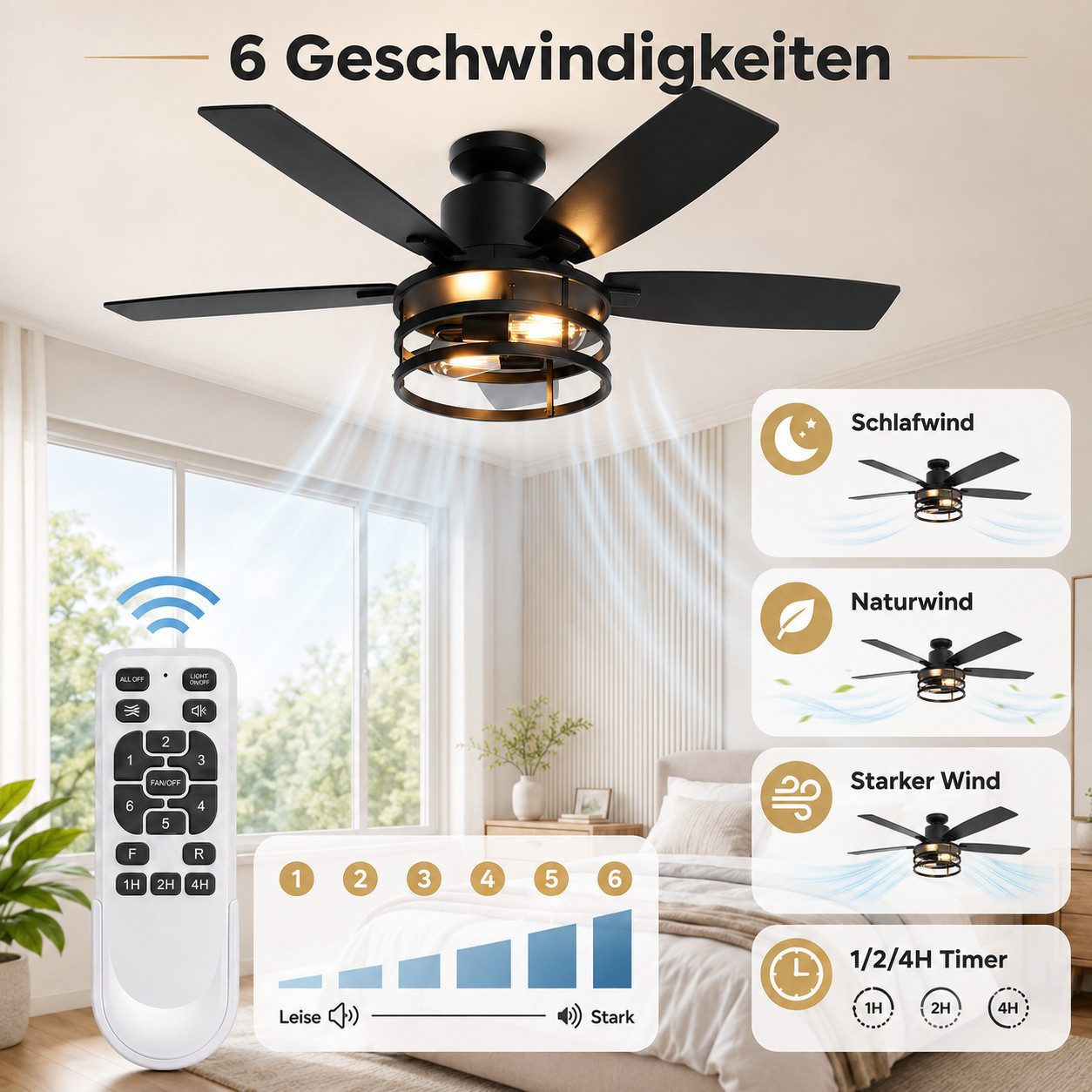 Rosnek Deckenventilator mit Licht, 112 cm, Fernbedienung, leiser DC-Motor & 6 Stufen, Timer, Wendeflügel, Winter-Sommer-Modus für Schlaf- & Wohnzimmer