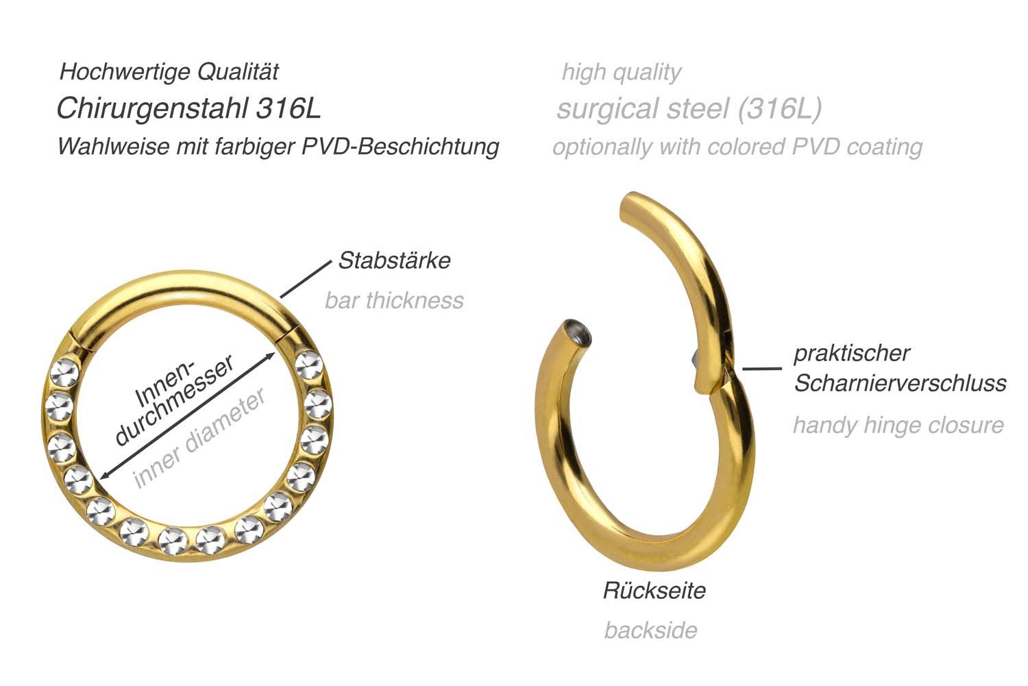 PIERCINGLINE Nasenpiercing Chirurgenstahl Segmentring Clicker KRISTALLE + EPOXY Ohrpiercing (Clicker, 1-tlg), Ohrpiercing für Conch, Helix, Tragus, Daith, Lobe