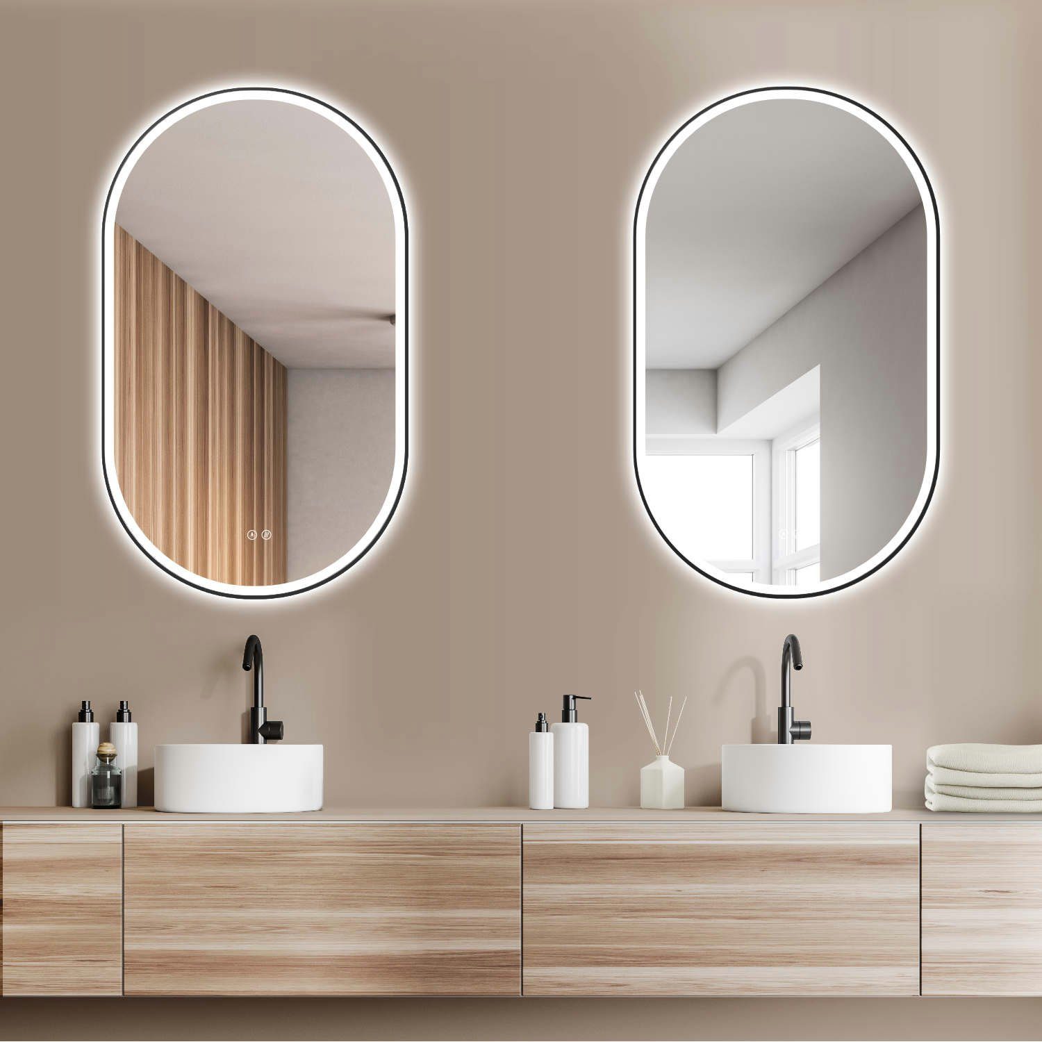 HOKO Badspiegel LED Design Antibeschlag Wandspiegel Oval + LED Wechsel (Warmweiß - Kaltweiß - Neutral. Licht mit Touch Schalter und mit Wandschalter einschaltbar. Memory-Funktion.IP44, 4mm HD Glass)