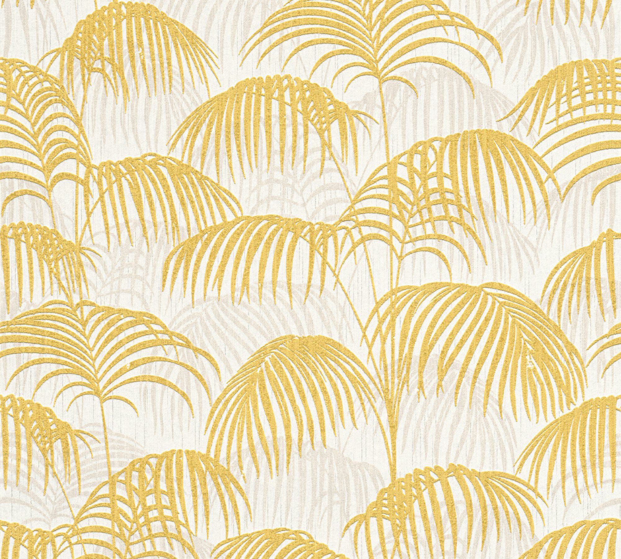 A.S. Création Architects Tessuto, Dschungeltapete botanisch, floral, Tapete samtig, Textiltapete gold/gelb/weiß Paper Palmen