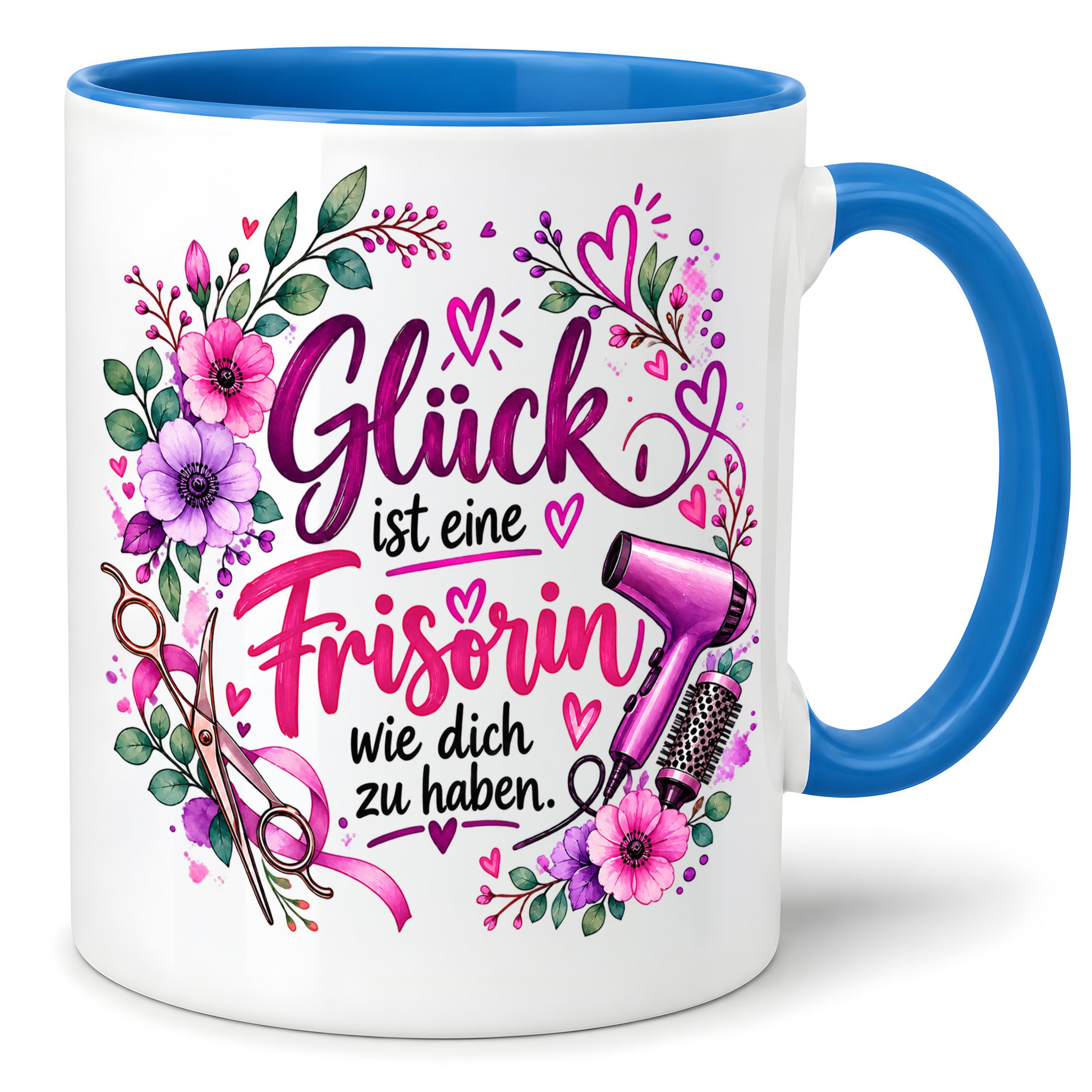 Herzbotschaft Tasse Frisörin – Glück ist eine Frisörin wie dich zu haben - Farbwahl, 330ml, mit Spruch, beidseitig bedruckt, spülmaschinenfest mikrowellengeeignet