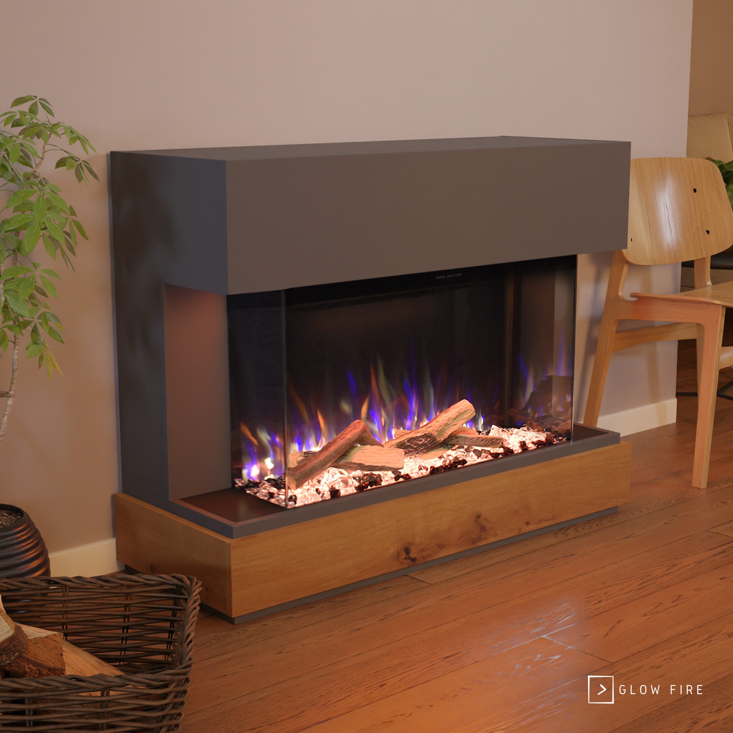 GLOW FIRE Elektrokamin Curie E-Motion 3D, Elektrischer Kamin mit 3D Feuer mit Heizung, täuschend echte Flamme mit Heizung, 3 Dekorationen