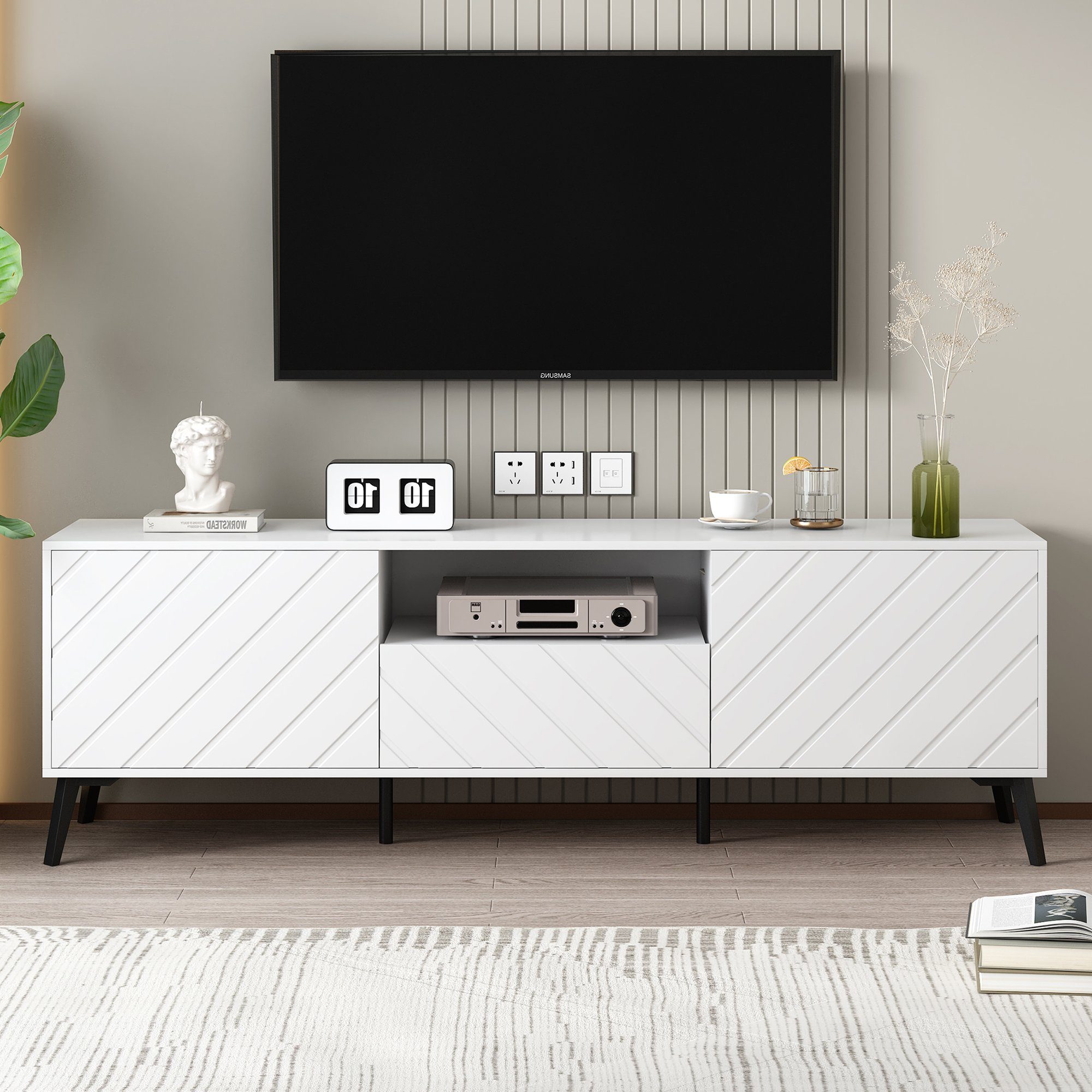 Odikalo TV-Schrank TV-Ständer Sideboard 2 Türen 2 Schubladen Trennwänden Metallfüße Weiß