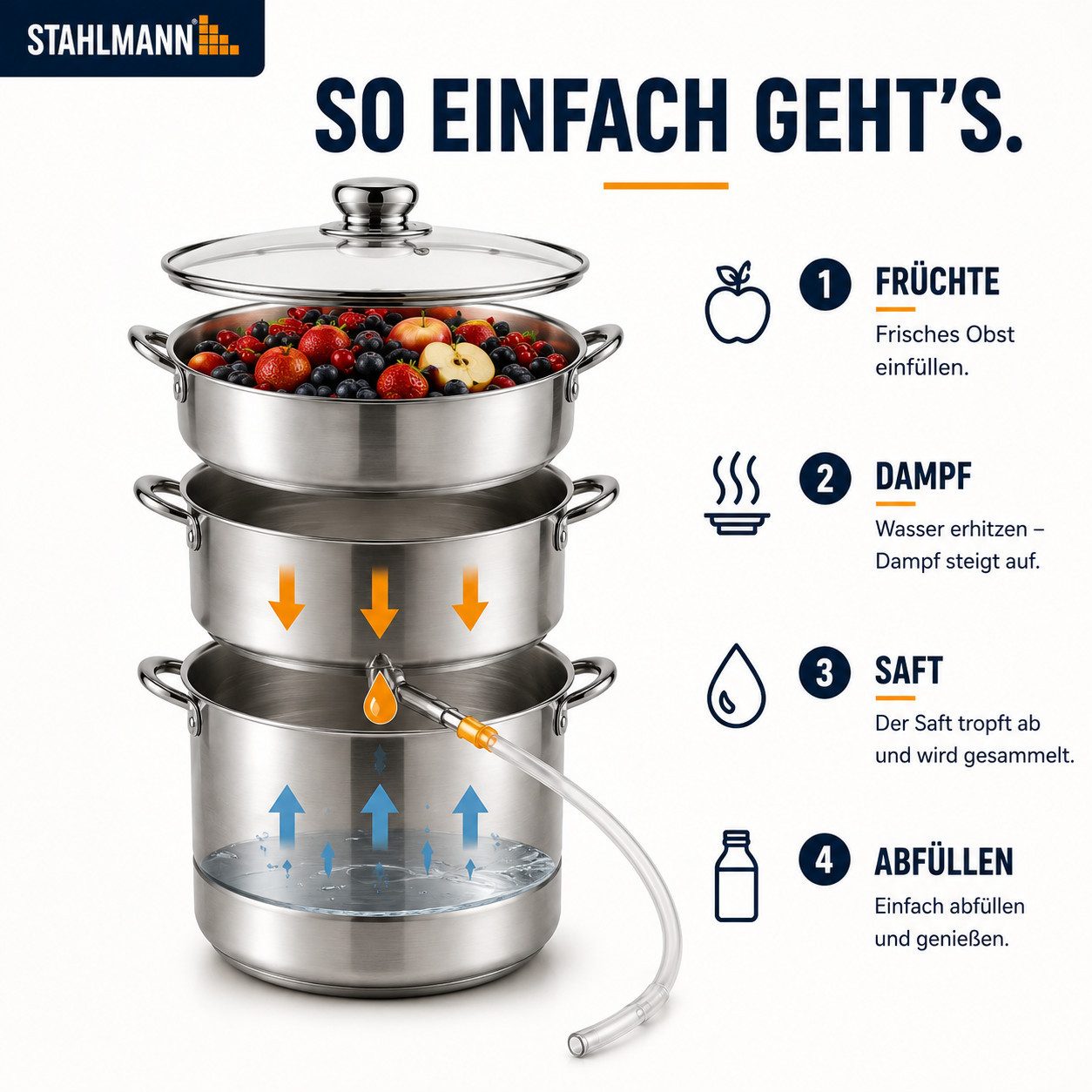 STAHLMANN Entsafter Dampfentsafter [8 L] Entsafter Obst und Gemüse Edelstahl Induktion, 8 L · Edelstahl · Für Induktion · Glasdeckel · 4-teilig – Bild 4 von 5