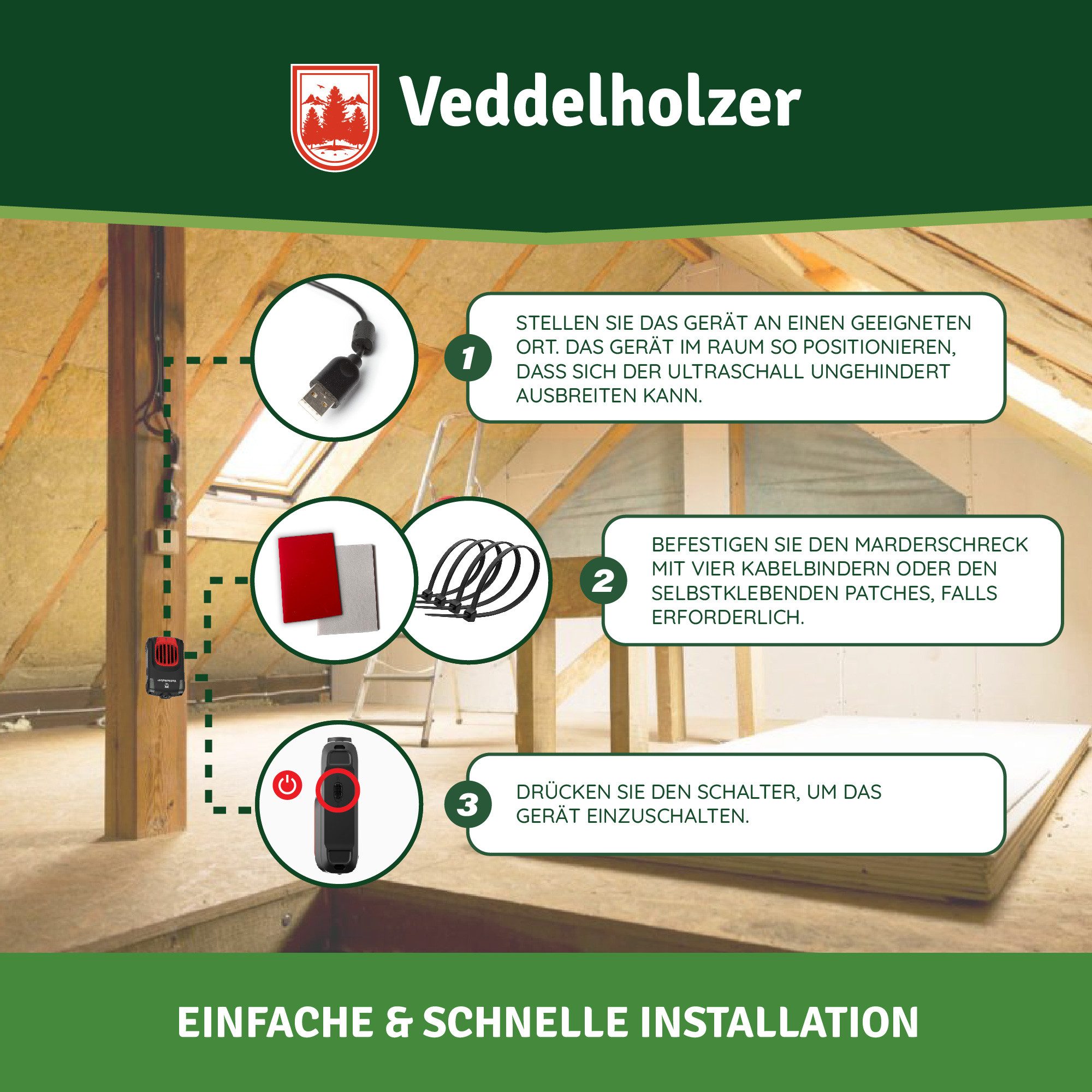 Veddelholzer Ultraschall-Tierabwehr Marderabwehr mit USB Stecker Ultraschall & LED Blitzlichter Haus, für Dachboden, Haus, Garage, Carport, Keller, Gartenhütte  – Bild 5 von 5
