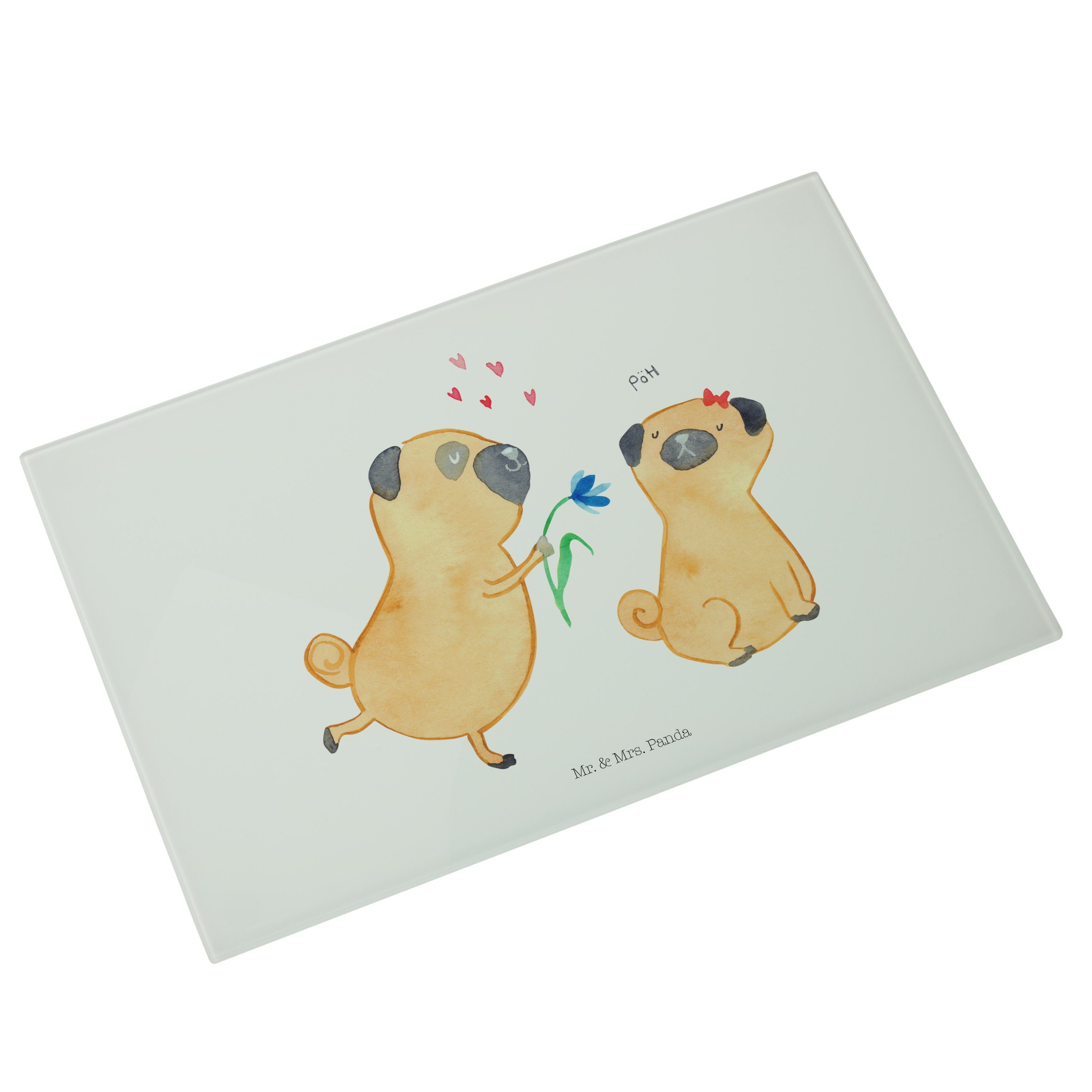 Mr. & Mrs. Geschenk, verliebt Premium Freu, Geschenk Glas, (1-St) - Panda Liebesspruch. Mops Weiß - Verlobt, Servierbrett