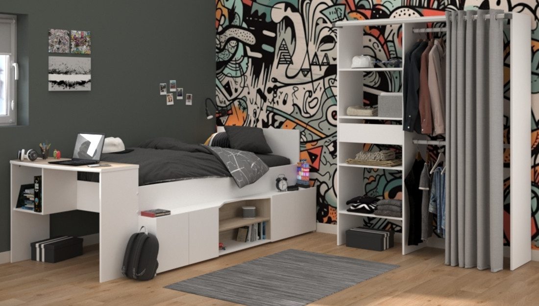 Parisot Jugendzimmer-Set Cleo, (Komplett-Set, 2-tlg., mit Stauraumbett und Kleiderschrank), inklusive Schreibtisch