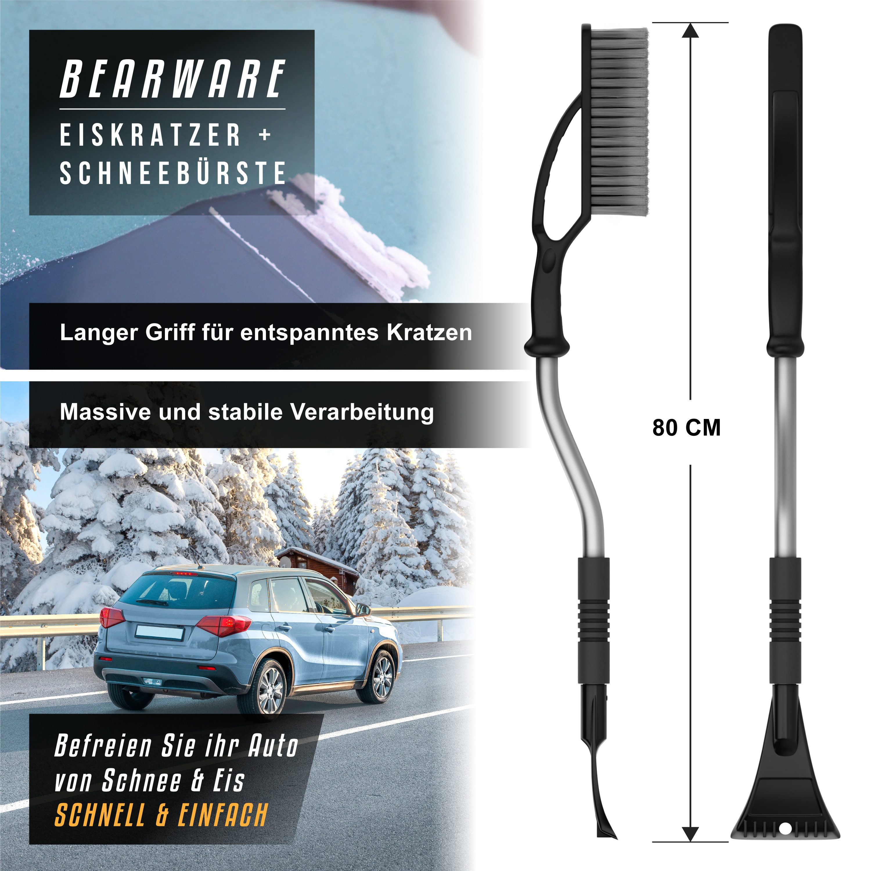 BEARWARE Ice Scraper with Snow Brush for Car, Motorhome & Truck made of shatterproof ABS, gentle 2-in-1 scraper & snow brush, 80cm long with ice breaker teeth