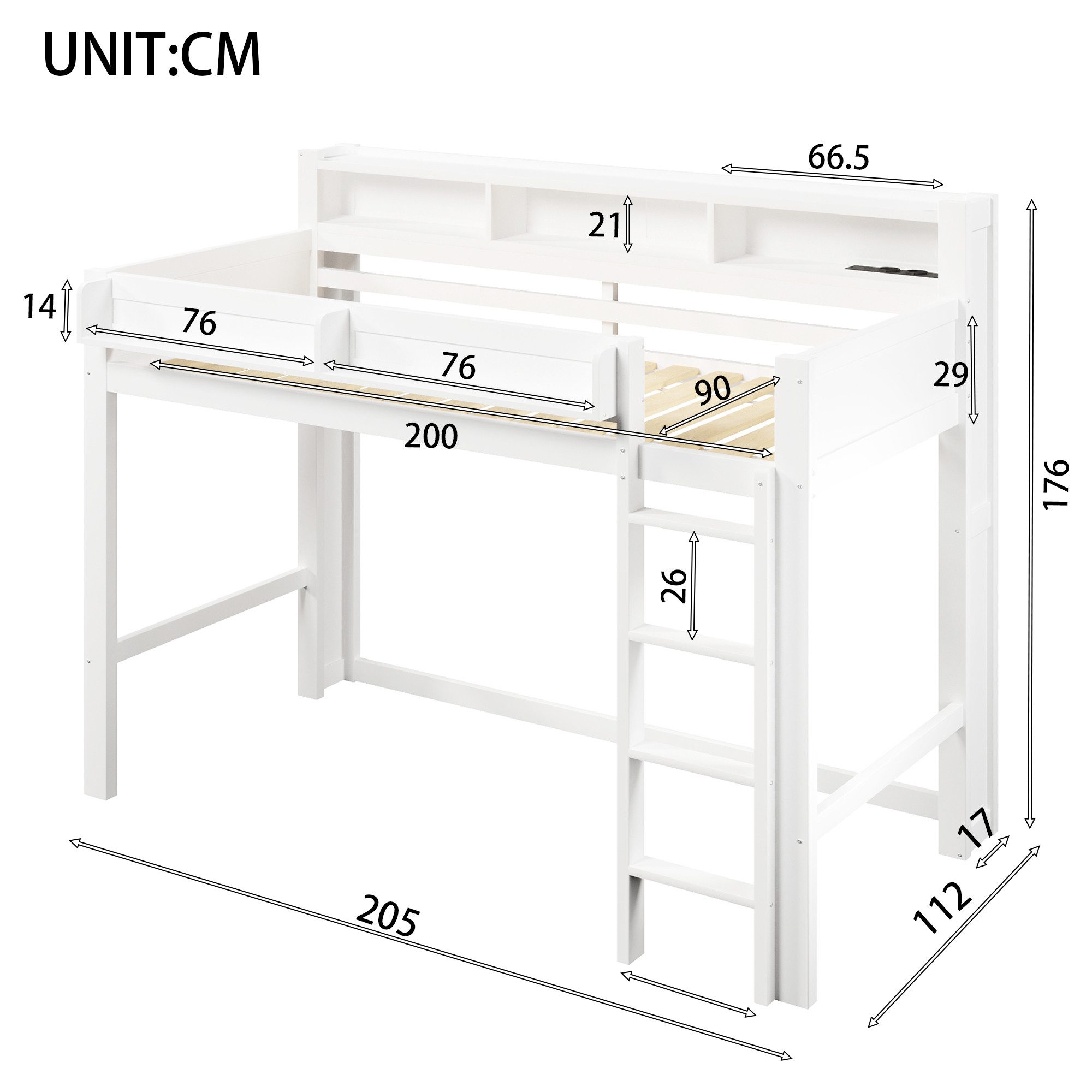 Merax Hochbett mit LED-Beleuchtung & USB-Anschluss (1-St., Jugendbett Einzelbett Holzbett) Kiefer Kinderbett 90x200cm mit Schreibtisch Geländer Leiter Stauraum – Bild 5 von 5