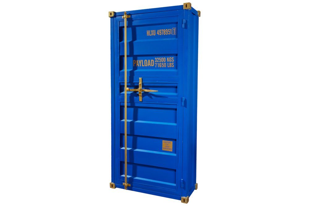 riess-ambiente Barschrank GLOBETROTTER 180cm blau/gold - Eisen, Mangoholz, Upcycling, Bar (Einzelartikel, 1-St) Industrial Weinregal für Alkohol - ideal für Wohnzimmer oder Küche