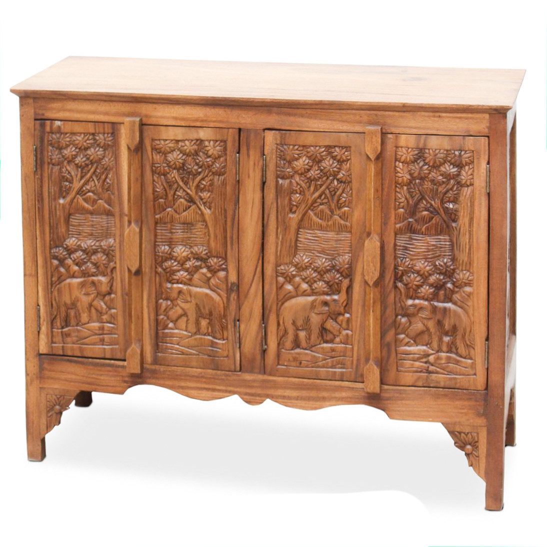 Oriental Galerie Mehrzweckschrank Schrank aus Holz Elefanten Braun 96cm Asiatische Möbel, Thailand, Massivholz, Schnitzerei, Handmade