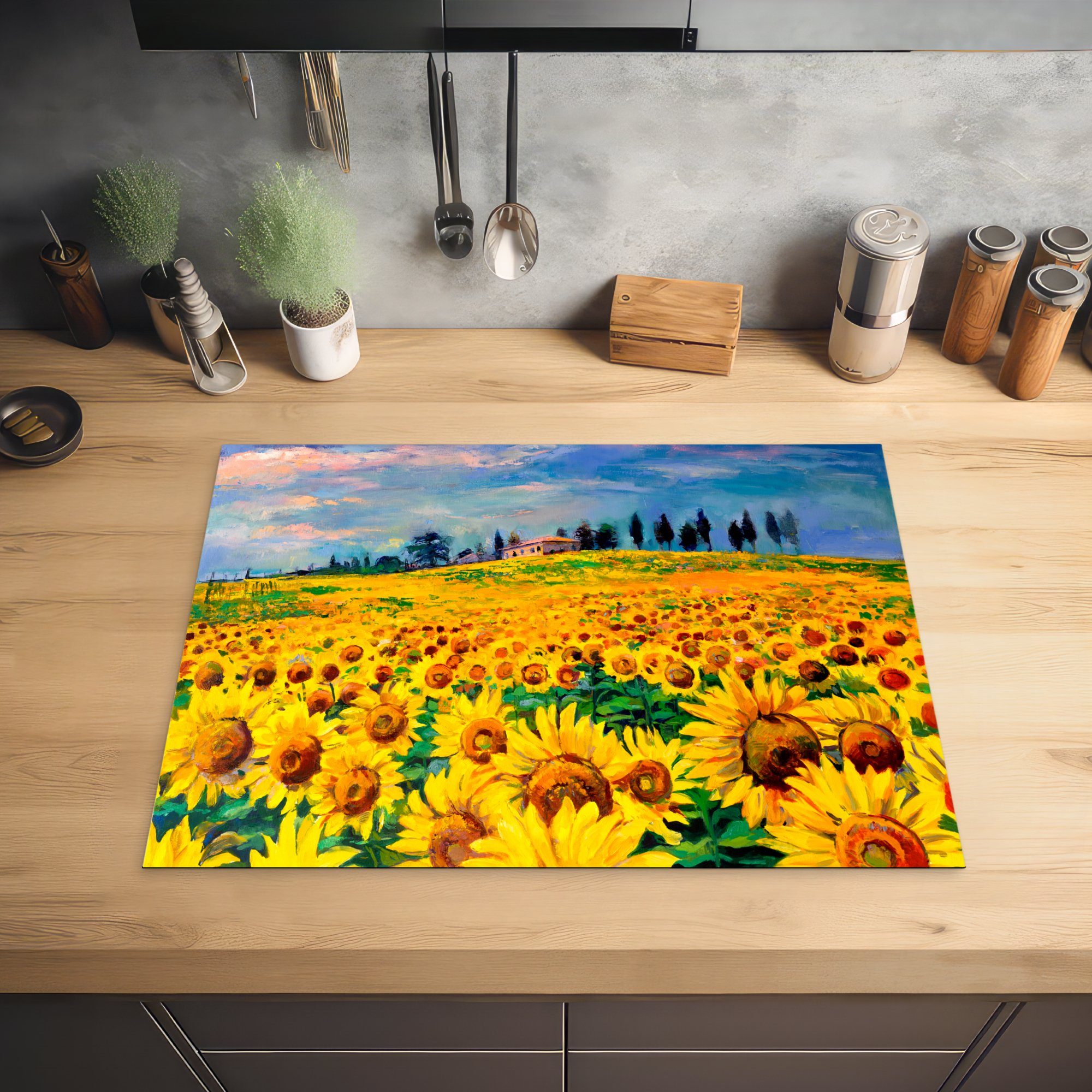MuchoWow Herdblende-/Abdeckplatte Ölfarbe Ceranfeldabdeckung tlg), (1 Sonnenblume, - Mobile nutzbar, cm, Vinyl, Blumen - 70x52 - Arbeitsfläche Gemälde
