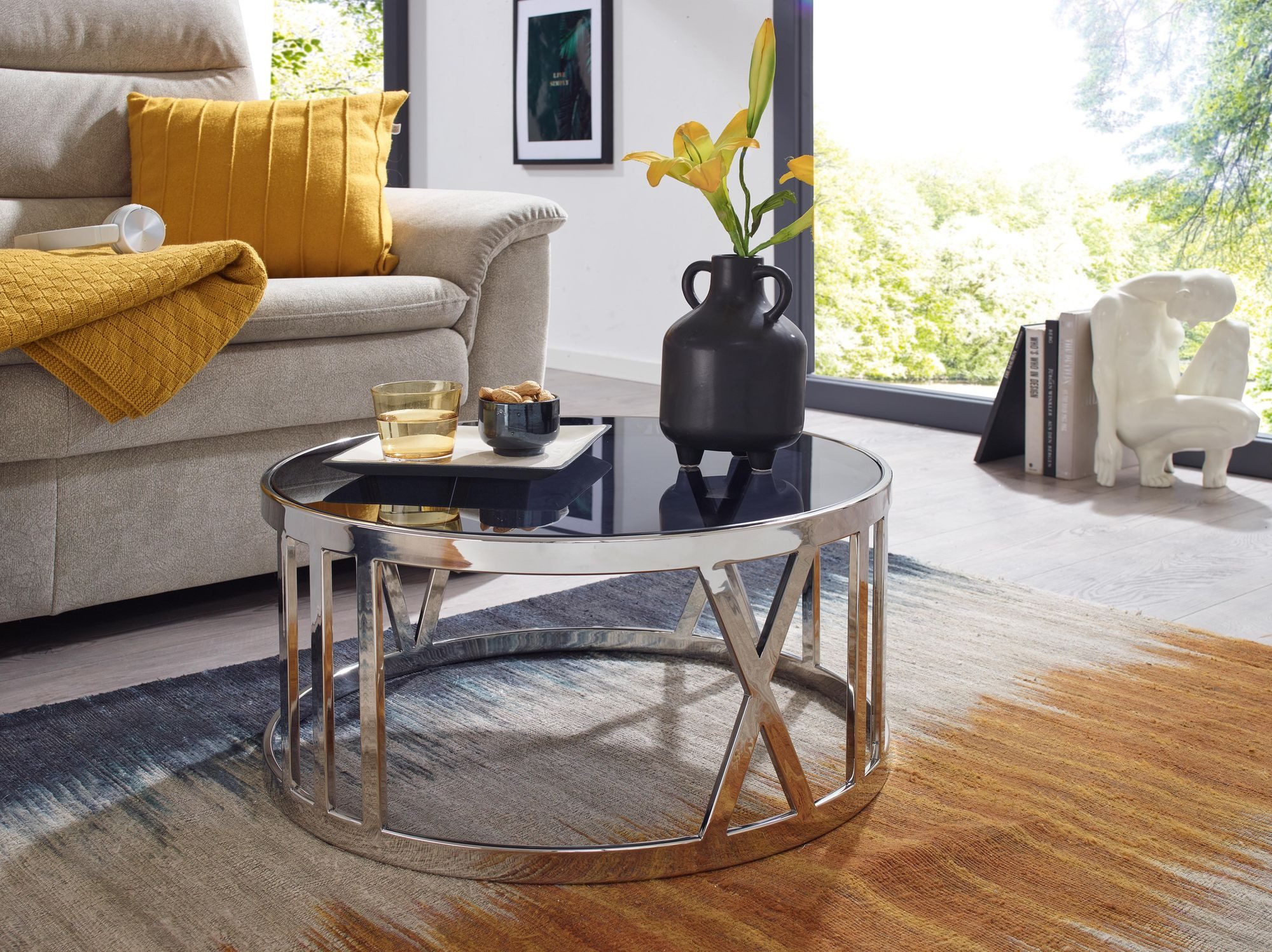FINEBUY Couchtisch FB41428 Glas Metall Sofatisch Ø60cm Tisch Wohnzimmertisch Rund (60x60x30 cm Silber, Sofatisch Metall Glas Rund), Wohnzimmertisch Kaffeetisch, Tisch Wohnzimmer