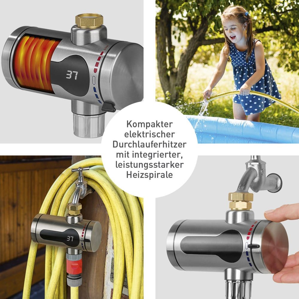 GARVIDA Durchlauferhitzer Kompakt Edelstahl/schwarz bis 60° inkl. Temperaturanzeige, warmes Wasser