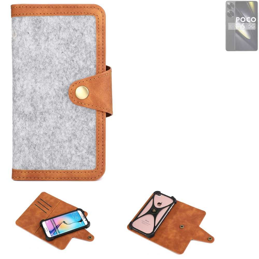 K-S-Trade Handyhülle für POCO F6, Handyhülle Schutzhülle Filz-Hülle Kunst-Leder hellgrau braun