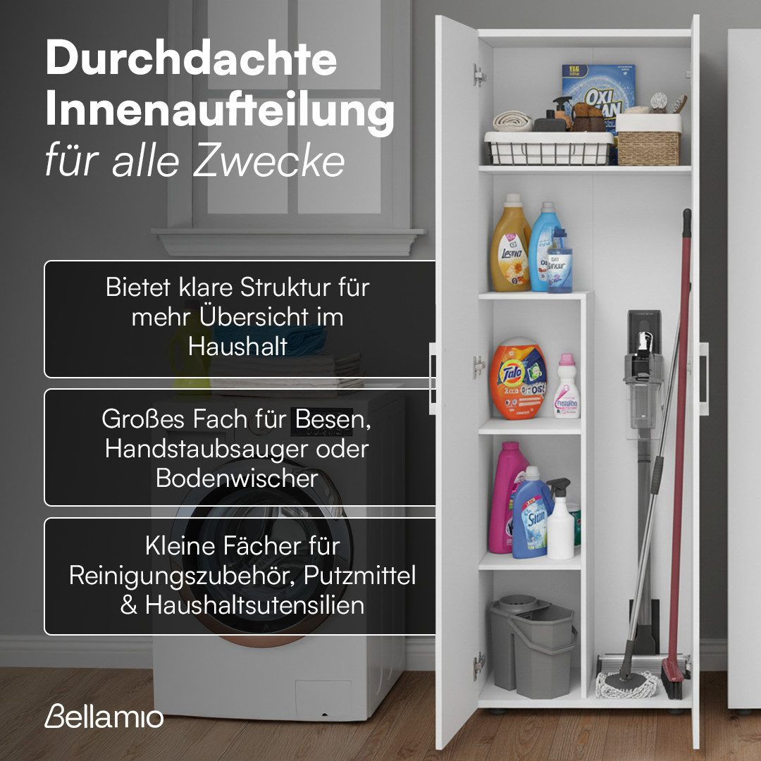 Bellamio Mehrzweckschrank Apol (Weiß) Besenschrank mit 5 Fächern, inkl. Staubsaugerfach, robust & kratzfest