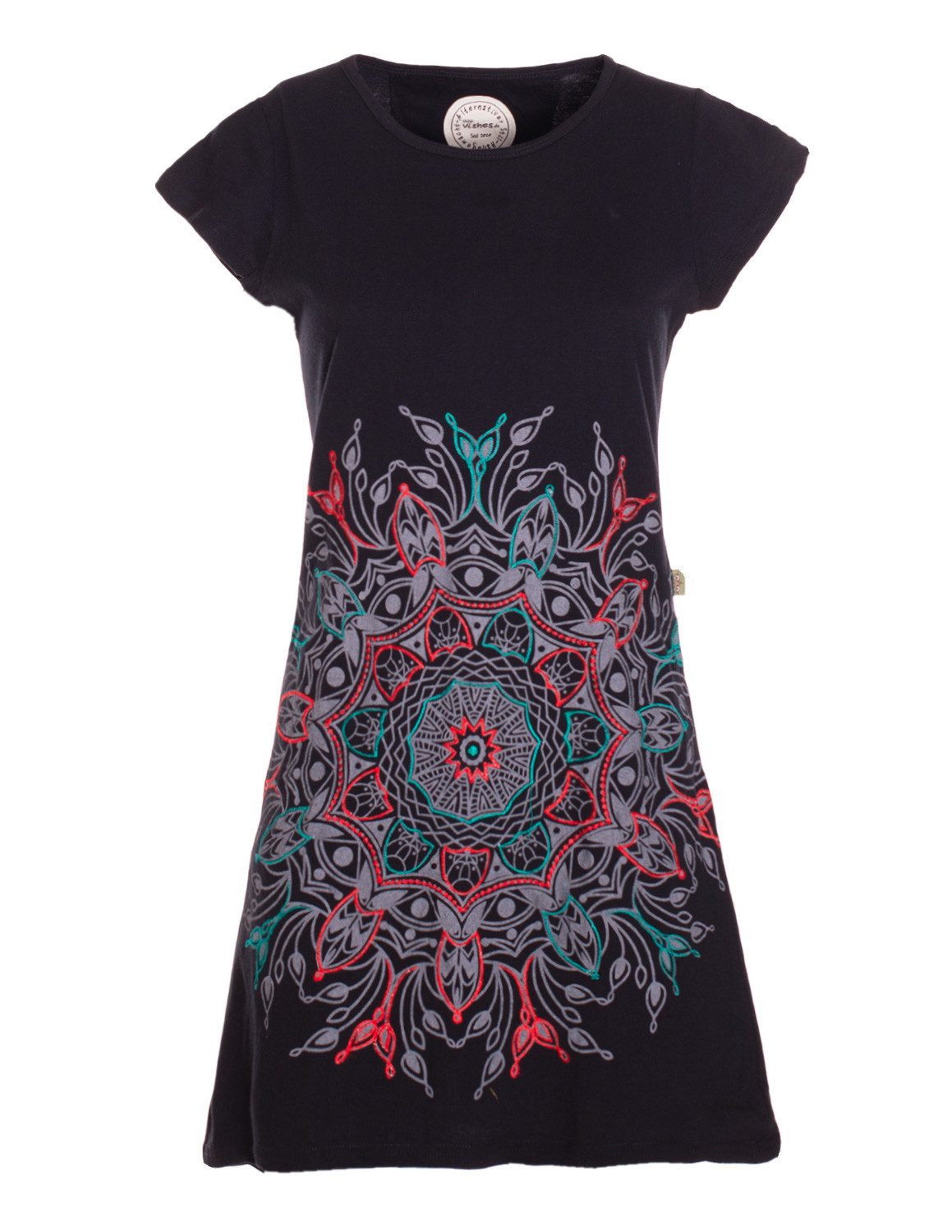 Vishes Minikleid Kurzarm Tunika Minikleid Damen Besticktes Mandala Baumwolle Alternative Mode, Boho, Hippie, Ethno, Festival