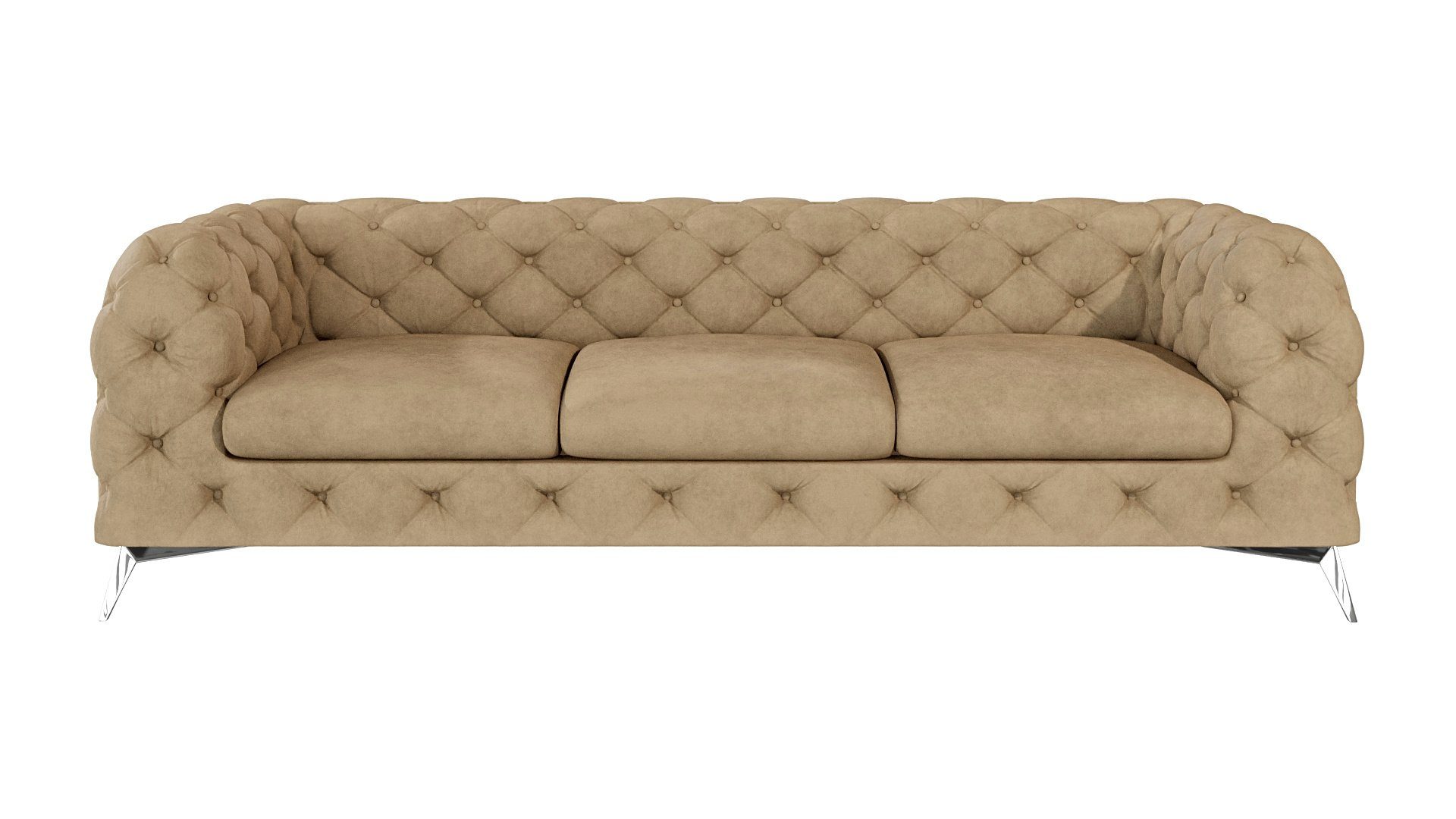 Füßen, Sofa Möbel Kalina Silber Wellenfederung Beige Metall mit S-Style 3-Sitzer mit Chesterfield