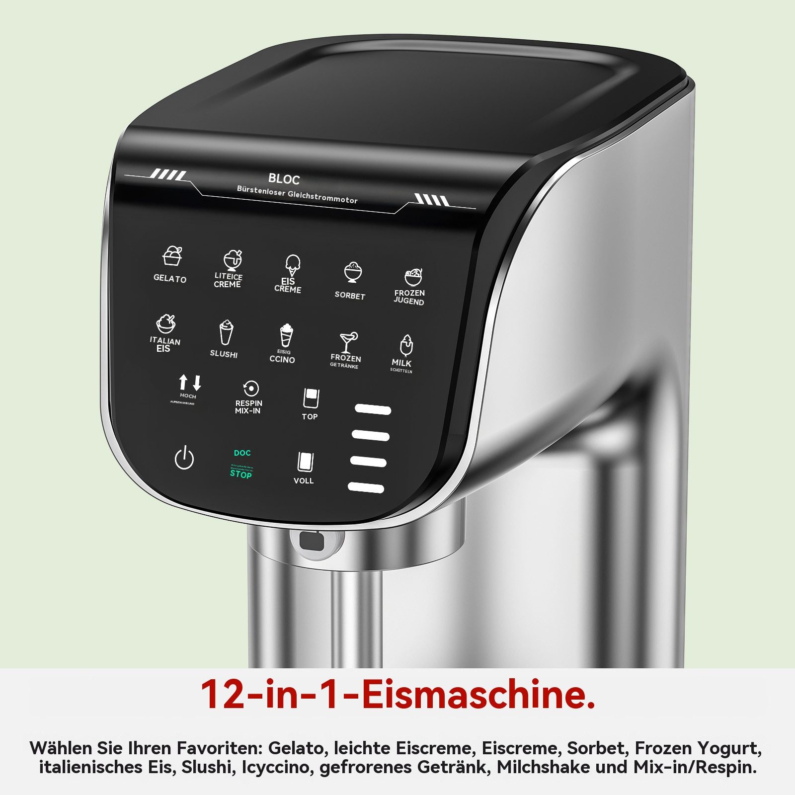 Boifun Eismaschine 12-in-1 Profi-Eiskreationen & perfekte Cremigkeit auf Knopfdruck, 1,5 l, 500 W, inklusive Rezeptheft + Messlöffel, 12 One-Touch-Programme