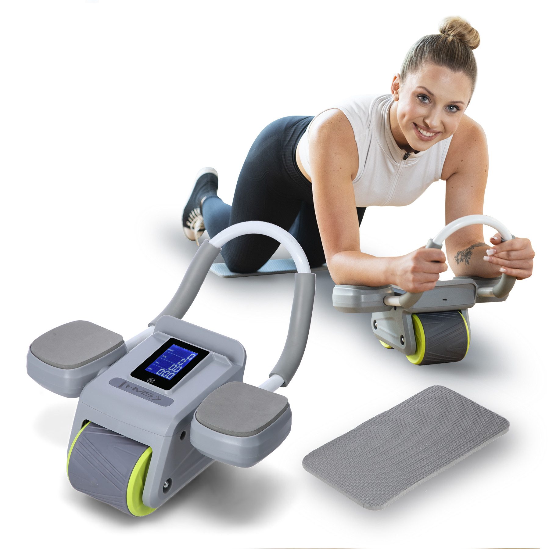 HMS Bauchtrainer Bauchroller automatisches Bauchmuskeltrainingsrad Fitnessroller, Bauchmuskeltrainer mit Stutze & LCD-Anzeige