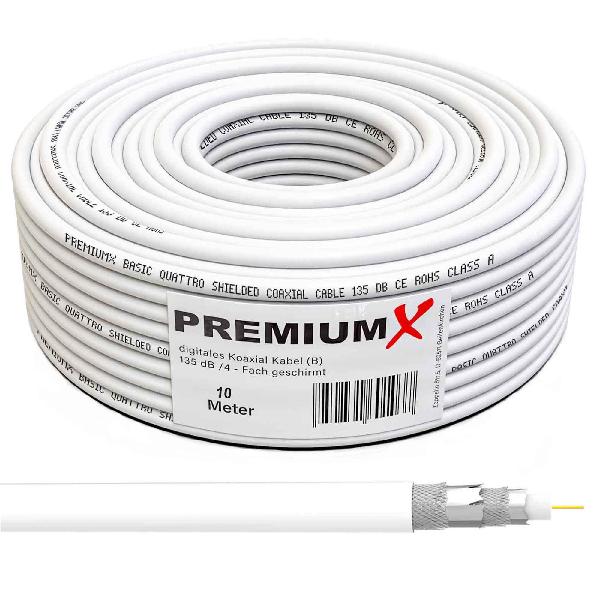 PremiumX 10m BASIC Koaxialkabel 135dB 4-fach SAT Kabel Antennenkabel TV- Kabel