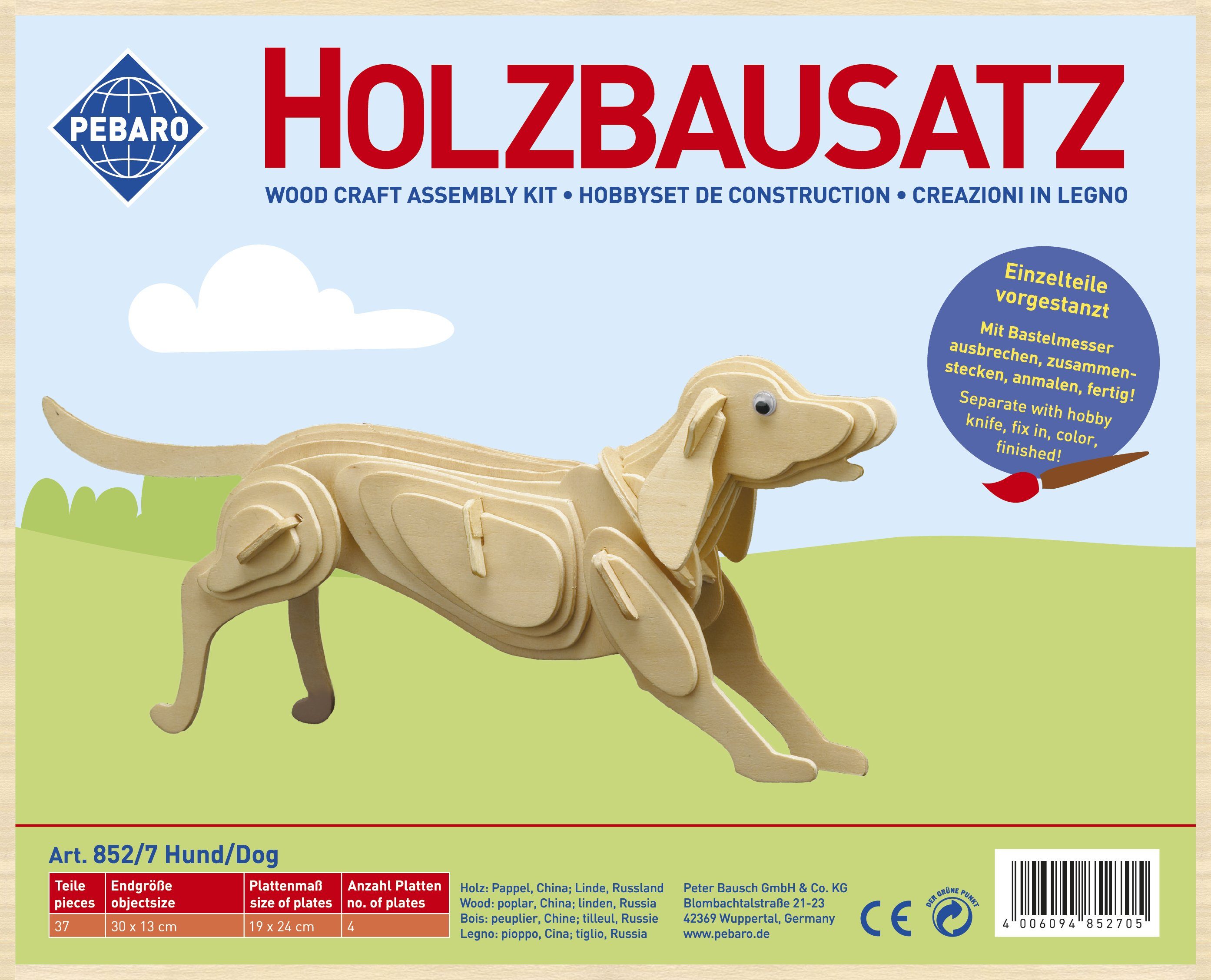 37 Puzzleteile Hund, 852/7, Pebaro 3D-Puzzle Holzbausatz