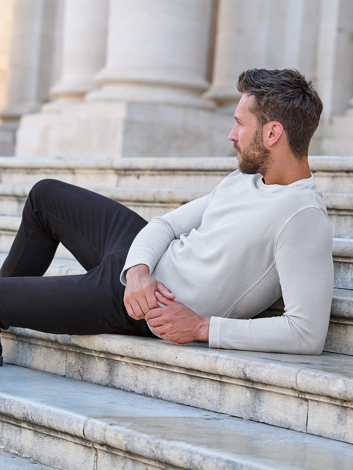 emilio adani Langarmshirt Herren Pullover strukturiert, Hellgrau