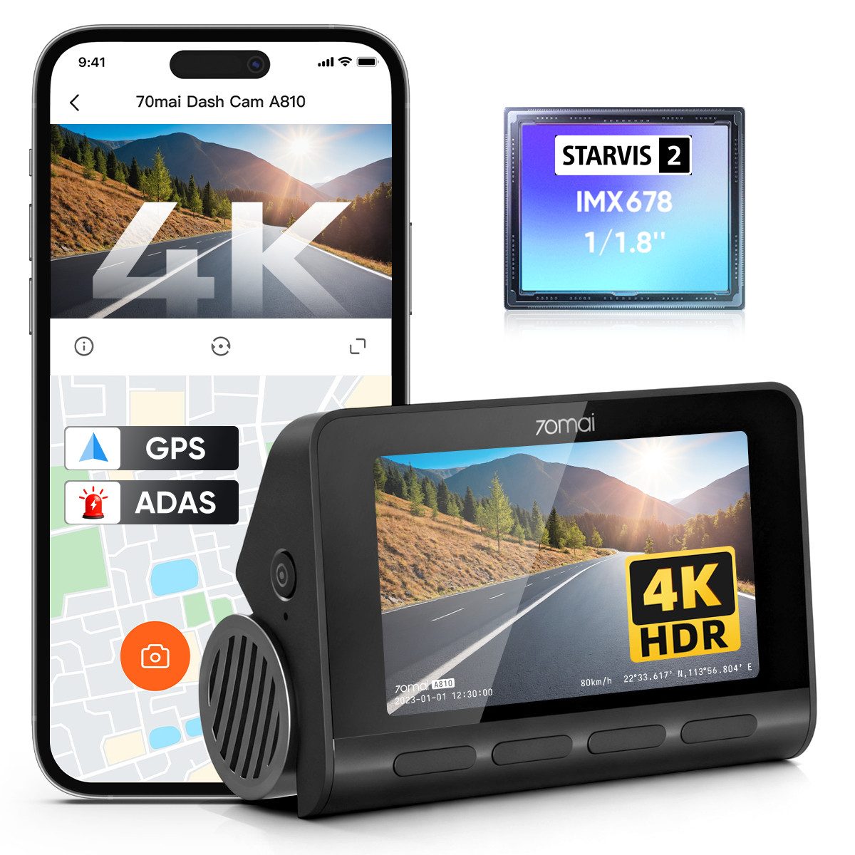 70mai A810 4K HDR Dashcam Auto, mit STARVIS 2 IMX678 Bildsensor, ADAS Dashcam (4K Ultra HD, WLAN (Wi-Fi), GPS, Super Nachtsicht, 3,0" Bildschirm, G-Sensor, Loop-Aufnahme)