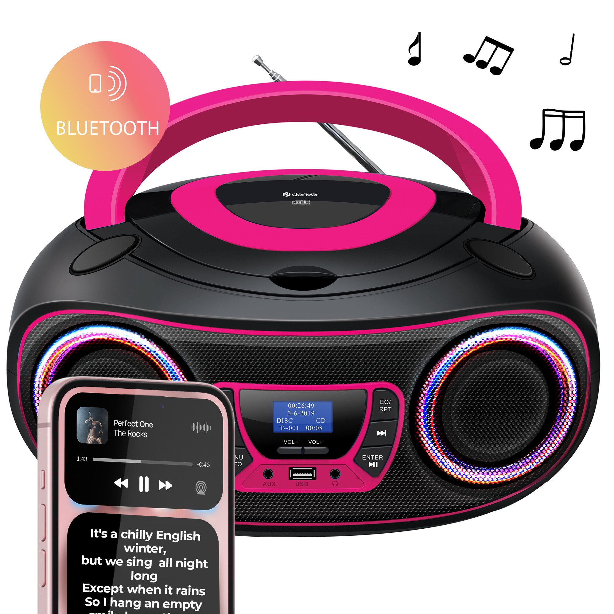 Denver TDB-212P CD-Player (DAB+/FM Radio, MP3 via USB,& AUX, Musik Streaming über Bluetooth, CD-Player, Bluetooth, 2 x 18W Output, Batterie- oder Netzbetrieb möglich)