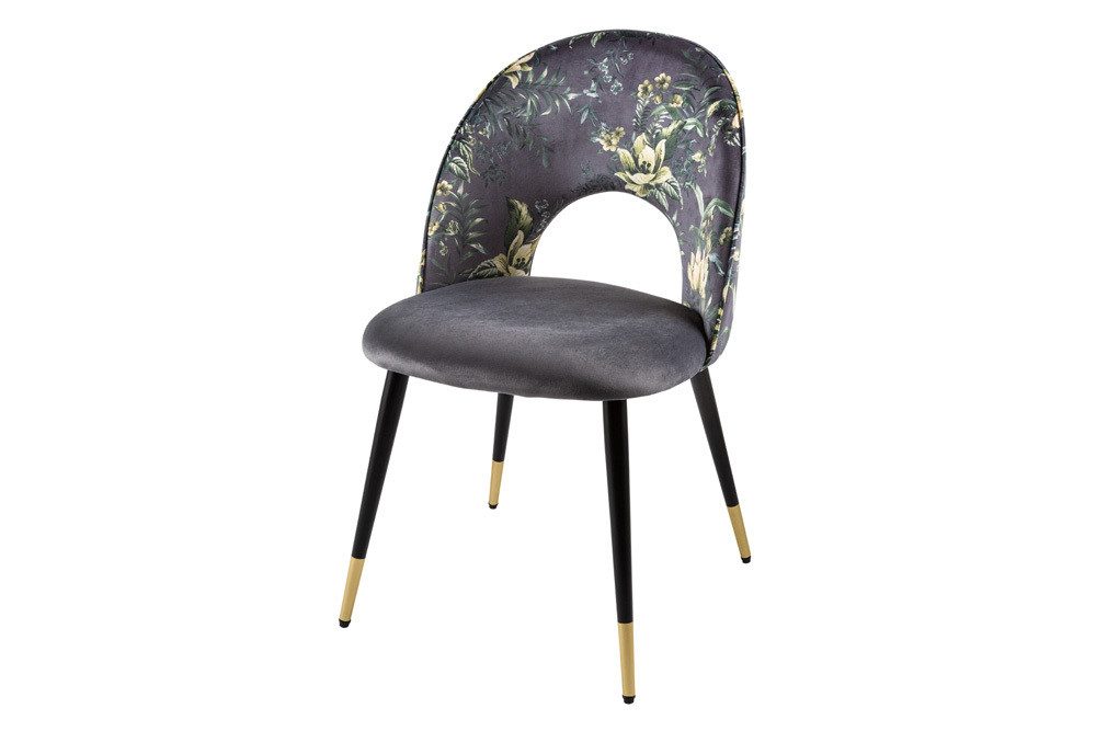 riess-ambiente Esszimmerstuhl PRÊT-À-PORTER grau/schwarz – Samt, florales Muster, goldene Fußkappen (Einzelartikel, 1 St), Retro-Stuhl mit Glamour-Effekt – ideal für Esszimmer oder Büro