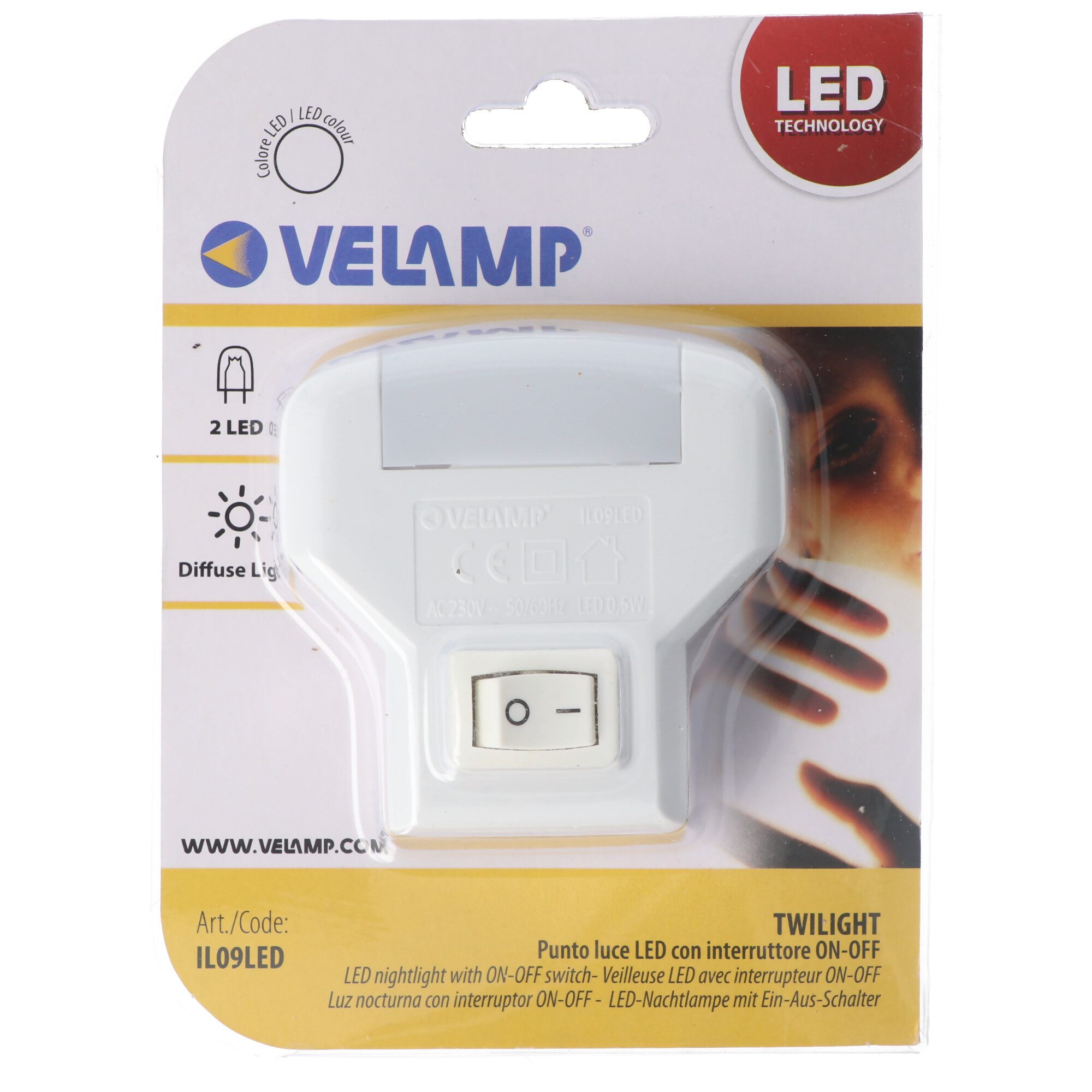 Velamp LED Nachtlicht Velamp TWILIGHT, LED-Nachtlicht mit ON/OFF-Schalter, vertikale Buchse