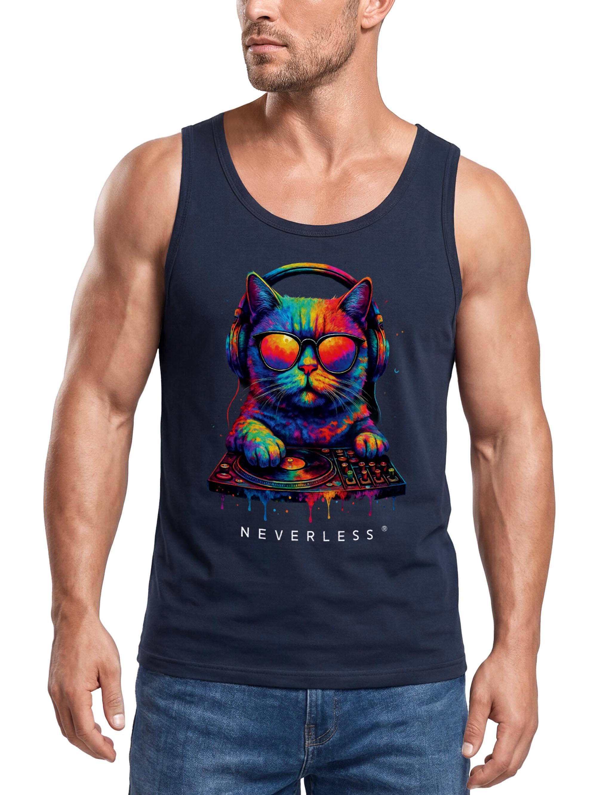 Neverless Tanktop Herren Tank-Top DJ Katze Musik Print Festival EDM Shirt mit mit Print