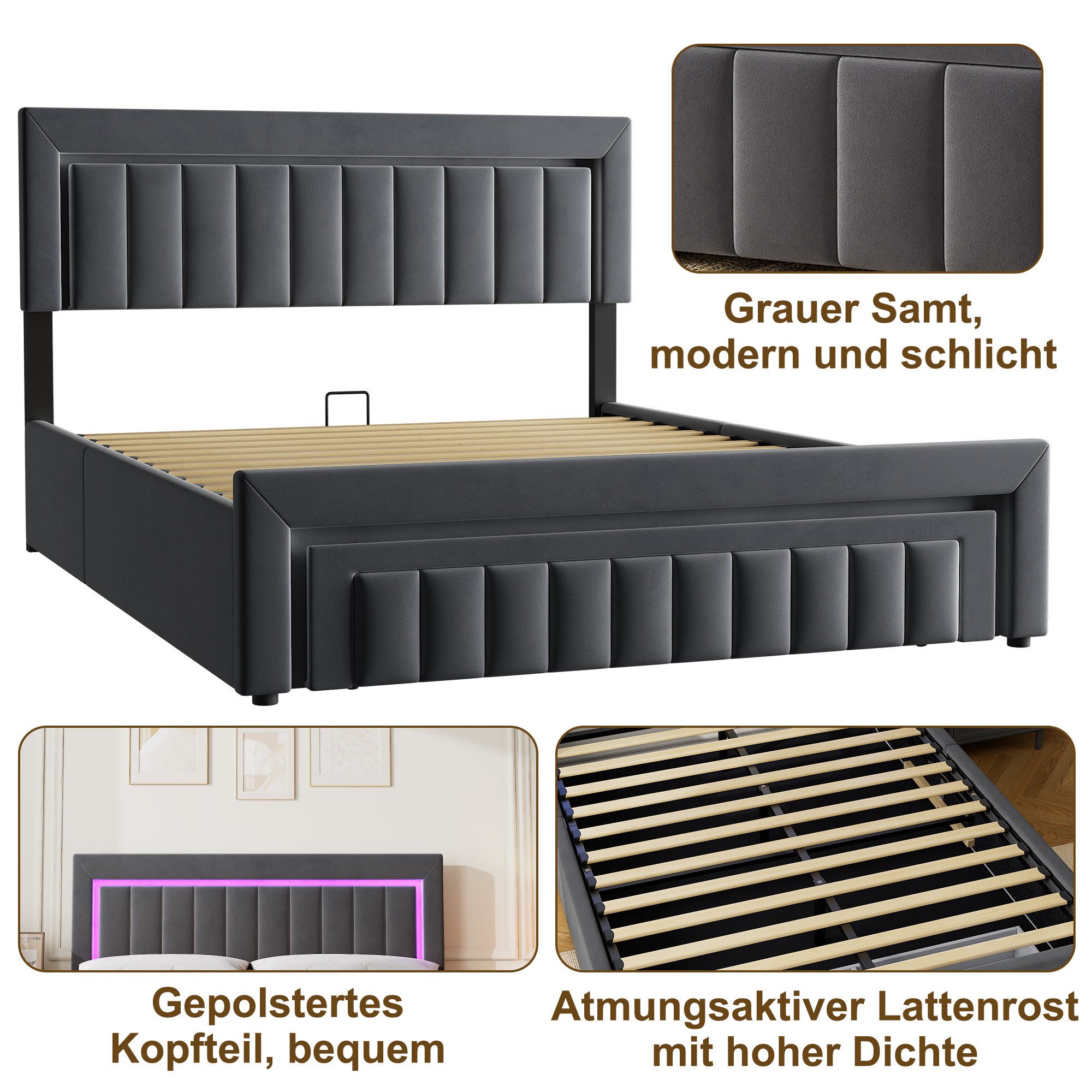 STILVORA Polsterbett 180×200 mit bettkasten,Funktionbett Boxspringbett mit LED & Schubladen (verstärkter Metallrahmen, stabiler Lattenrost, Gepolstertes Kopfteil, Bettkasten mit Hydraulik, Bettgestell mit Gepolstertes Kopfteil), mit einem Hebeseil, Samt-Stoff, Grau