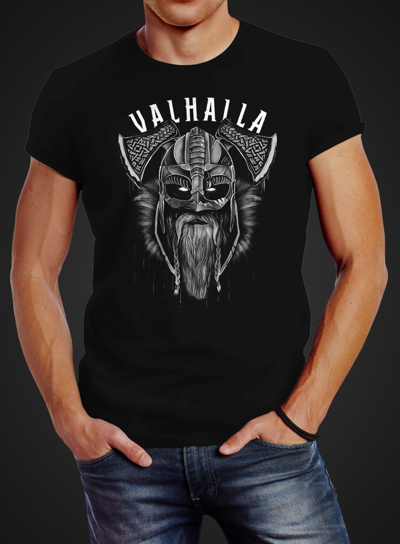 Neverless Print-Shirt Neverless® Herren T-Shirt Aufdruck Valhalla Wikinger Helm Viking Odin mit Print