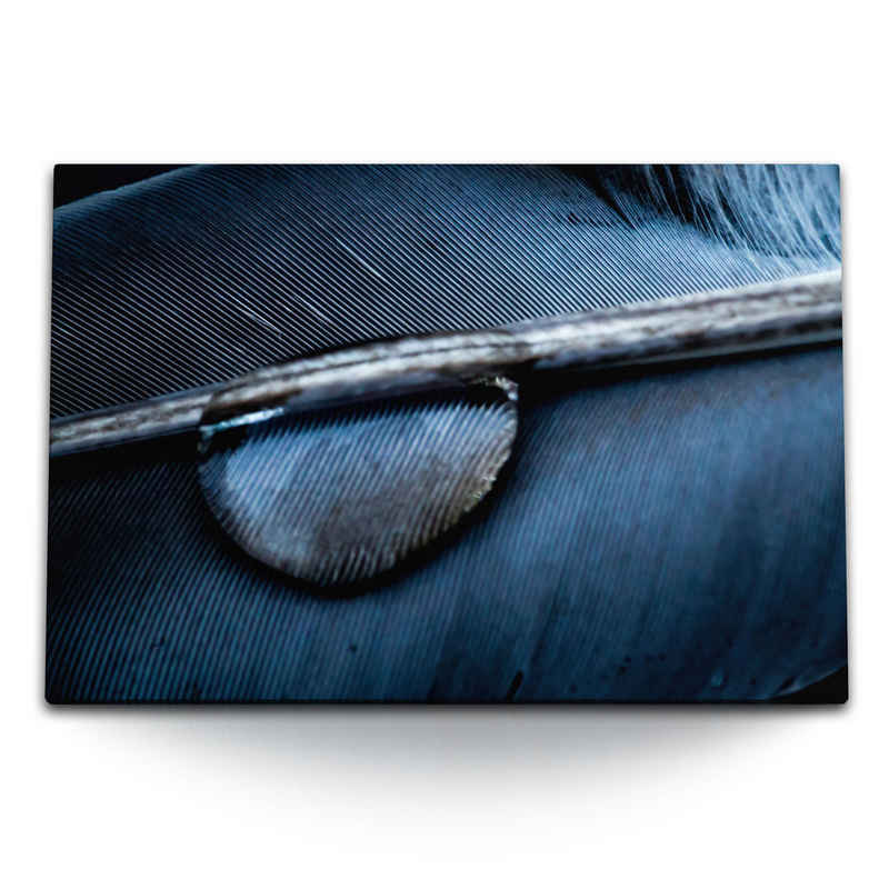Sinus Art Leinwandbild 120x80cm Wandbild auf Leinwand Nahaufnahme Feder Blau Dunkelblau Wasse, (1 St)