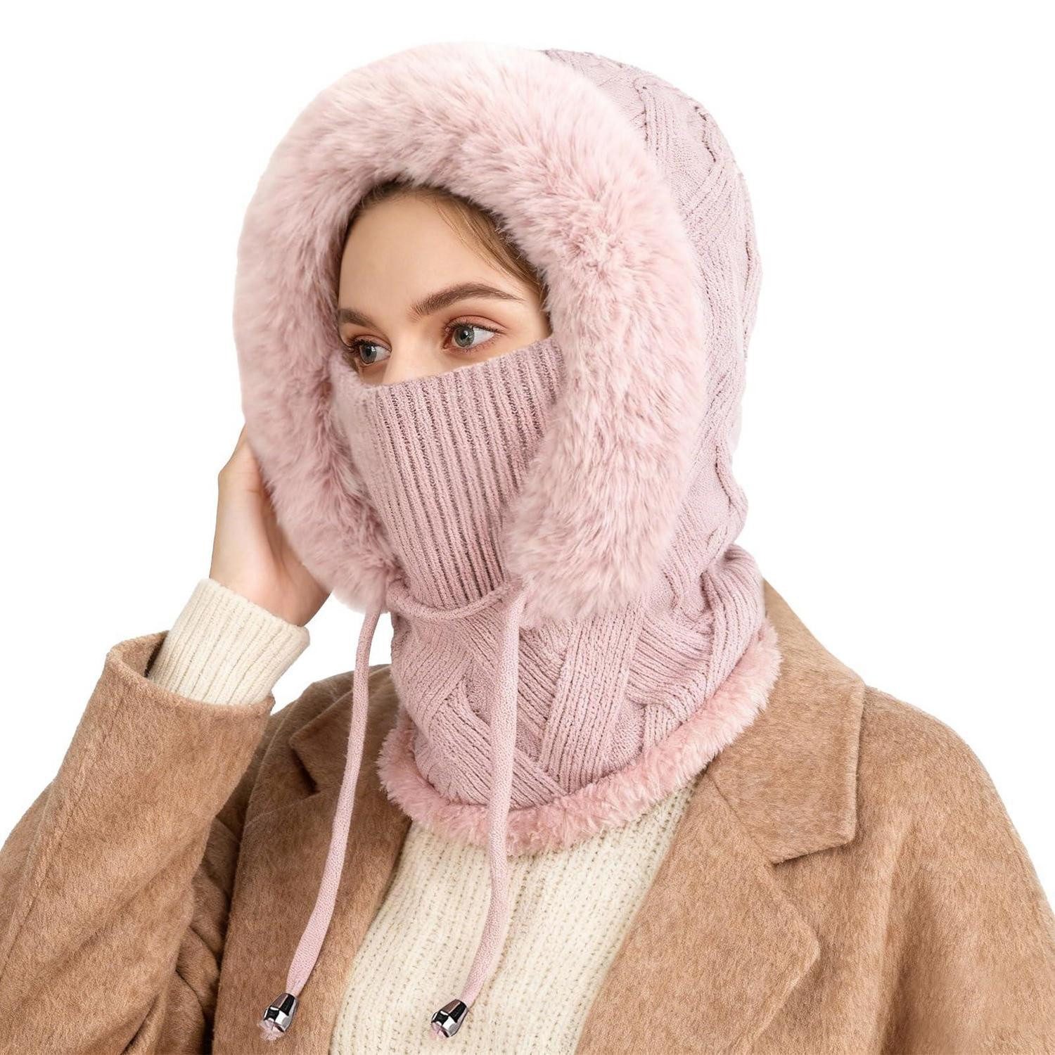 Sturmhaube Strickmütze Damen Thermobeanie Fleece Halswärmer Sturmhaube Rosa