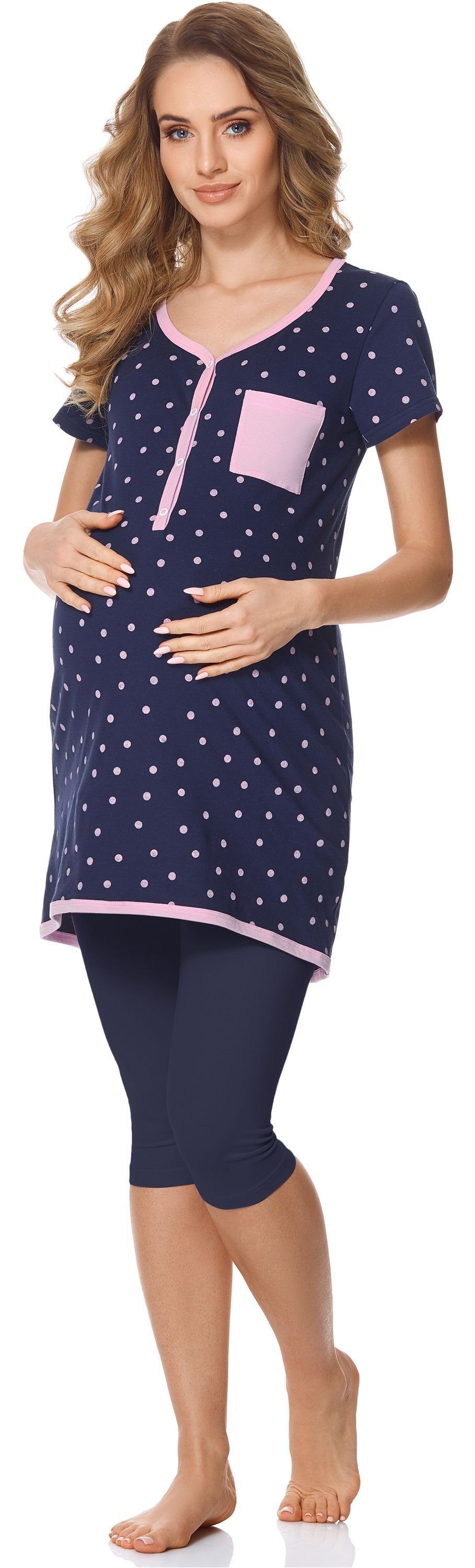 Bellivalini Umstandspyjama Damen Umstands Pyjama mit Stillfunktion BLV50-126 mit Brusttasche Marineblau Punkte/Marineblau