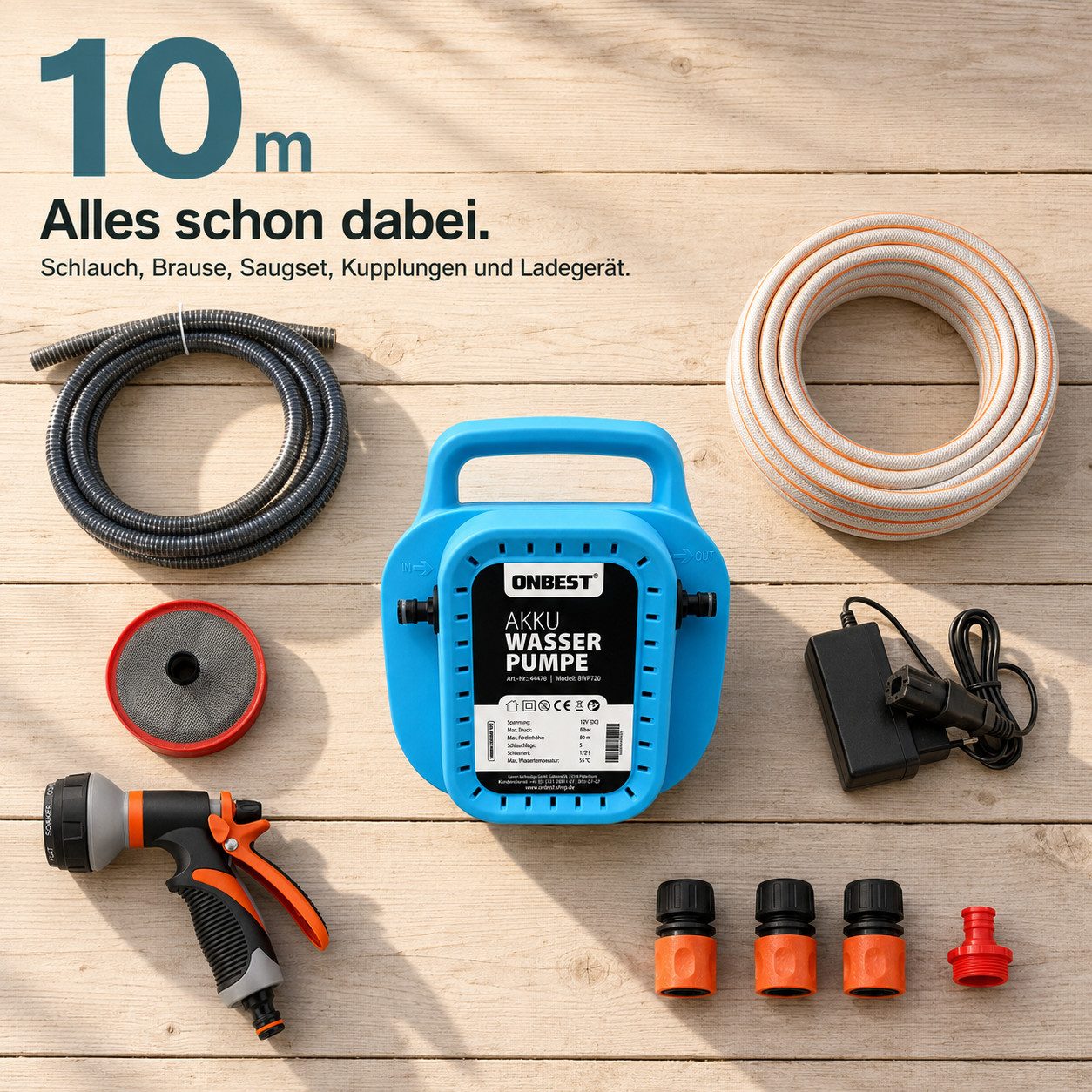 Onbest Wasserpumpe Akku Gartenpumpe selbstansaugend inklusive Gartenbrause, Druckschalter, Schnellkupplung, 12V, 8bar, 50-90W, 80m, 7-12 l/min