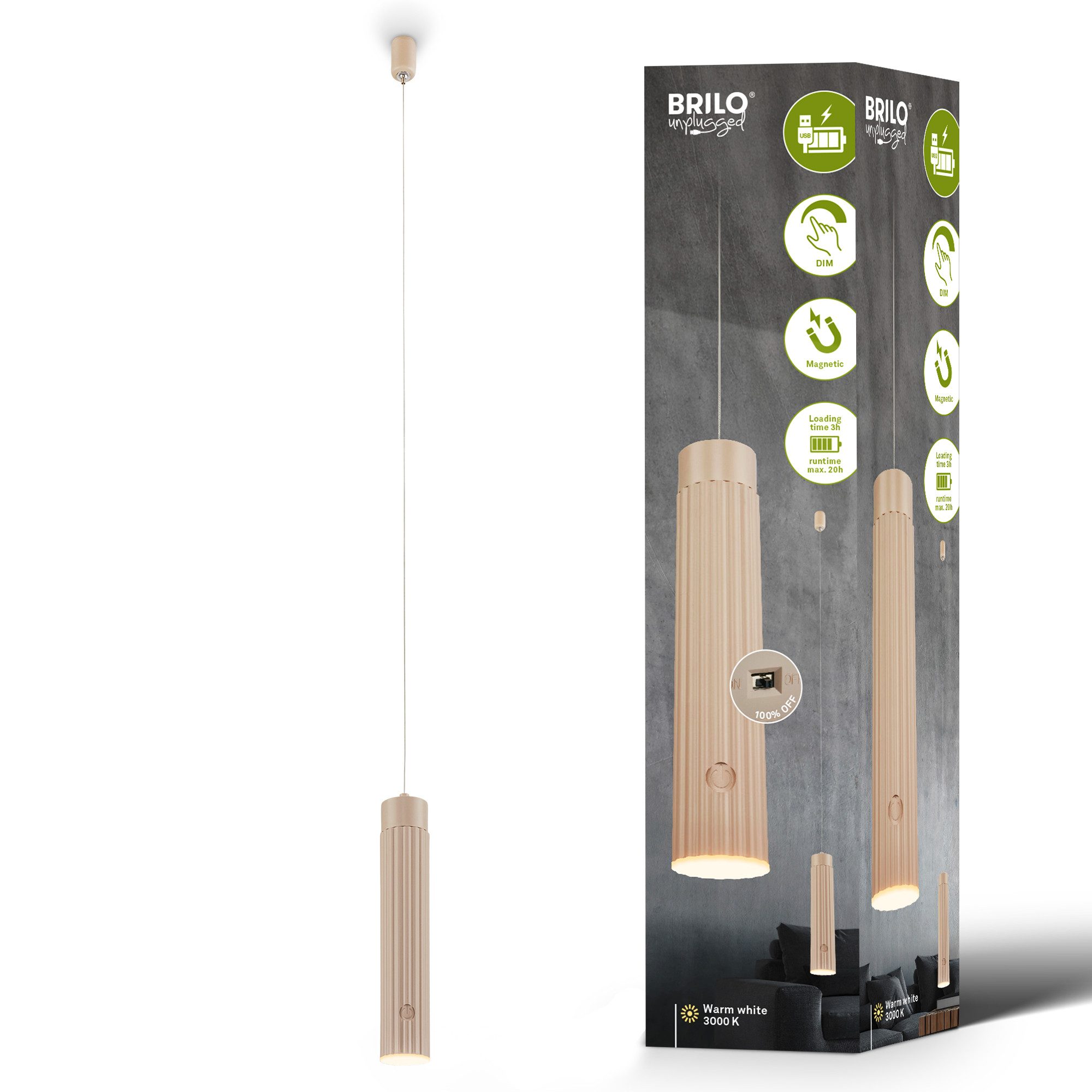 Briloner Leuchten LED Pendelleuchte Hängelampe Bettlampe Akku Touch Dimmbar USB-C Abnehmbar, LED fest integriert, 3000K, 4,5x20,5 cm, Esszimmer, Wohnzimmer, Schlafzimmer