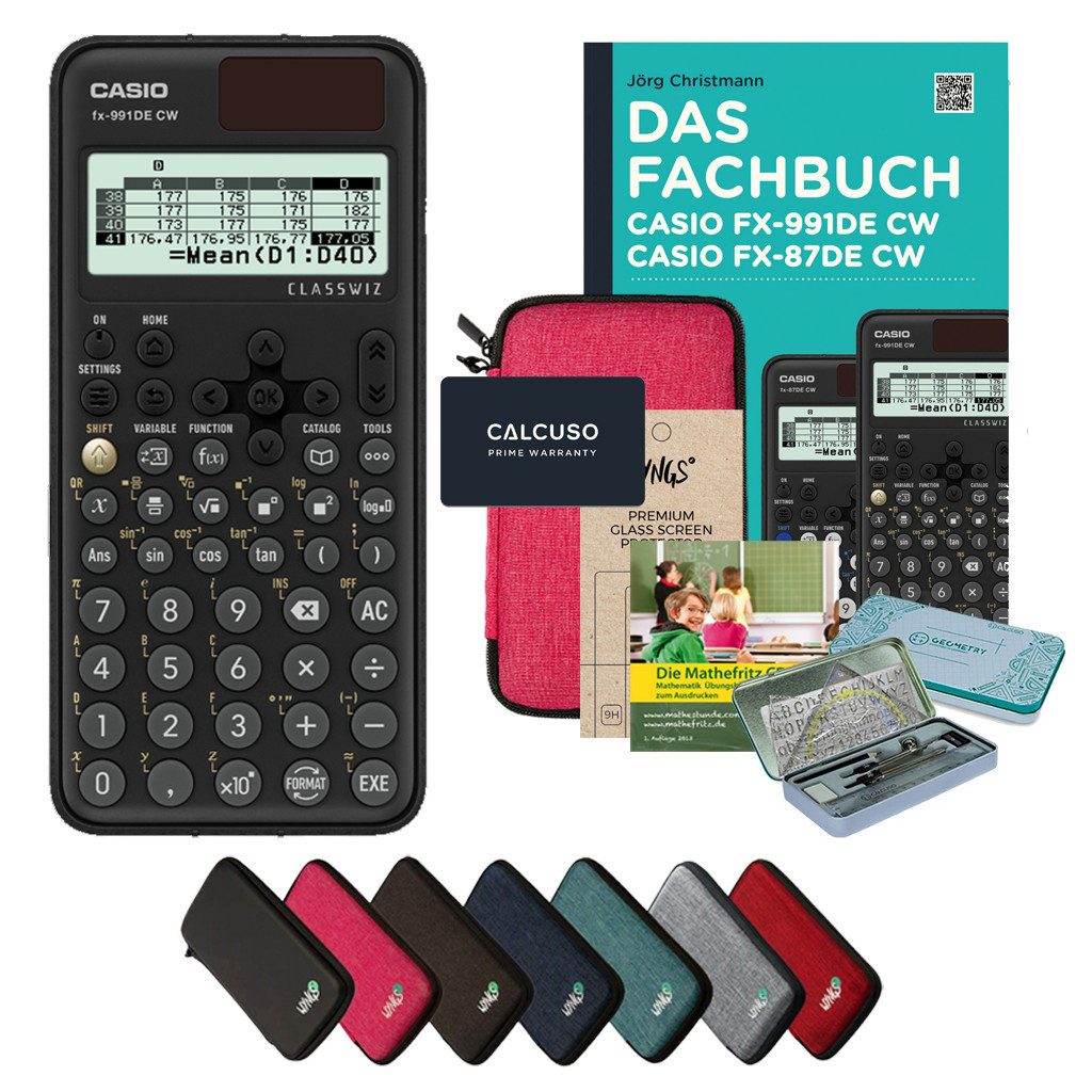 CASIO Taschenrechner fx-991DE CW - Premium Set inkl. Schutztasche Pink & Fachbuch uvm.