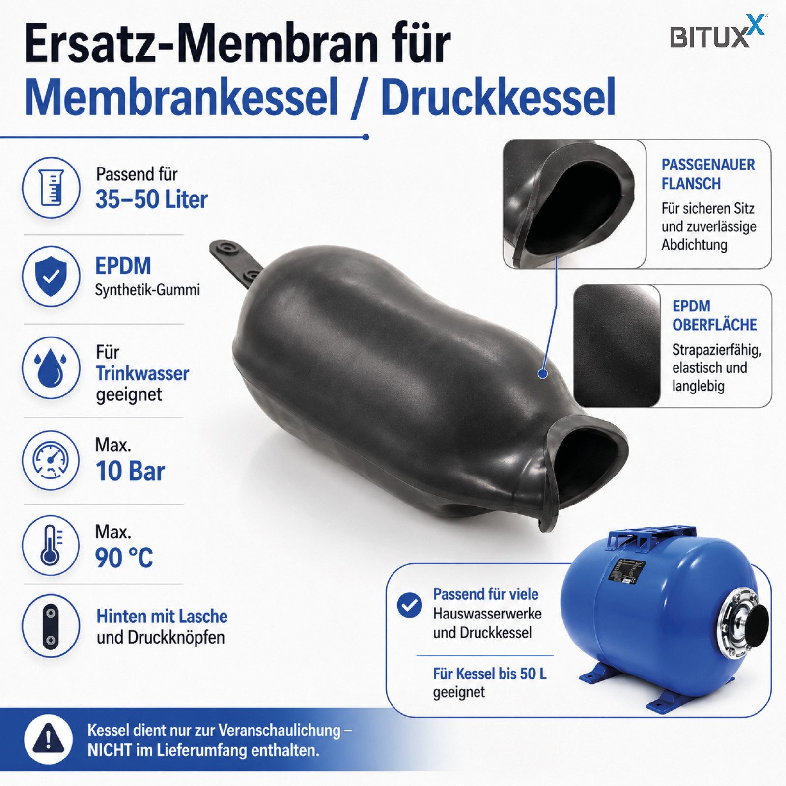 Bituxx Membran-Druckbehälter Ersatz Membran 35 - 50 L, 50 l, 10 bar