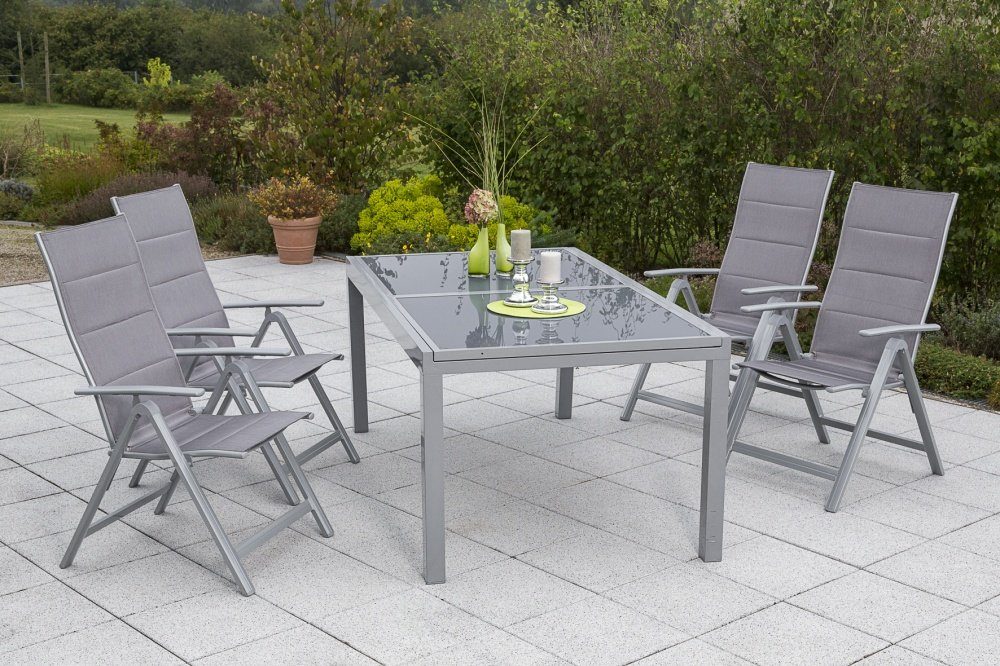MERXX Garten-Essgruppe Taviano, (Set, Tisch, 4 Sessel, Aluminium mit Textilbespannung, Sicherheitsglas), Sessel in Sitz und Rücken gepadded